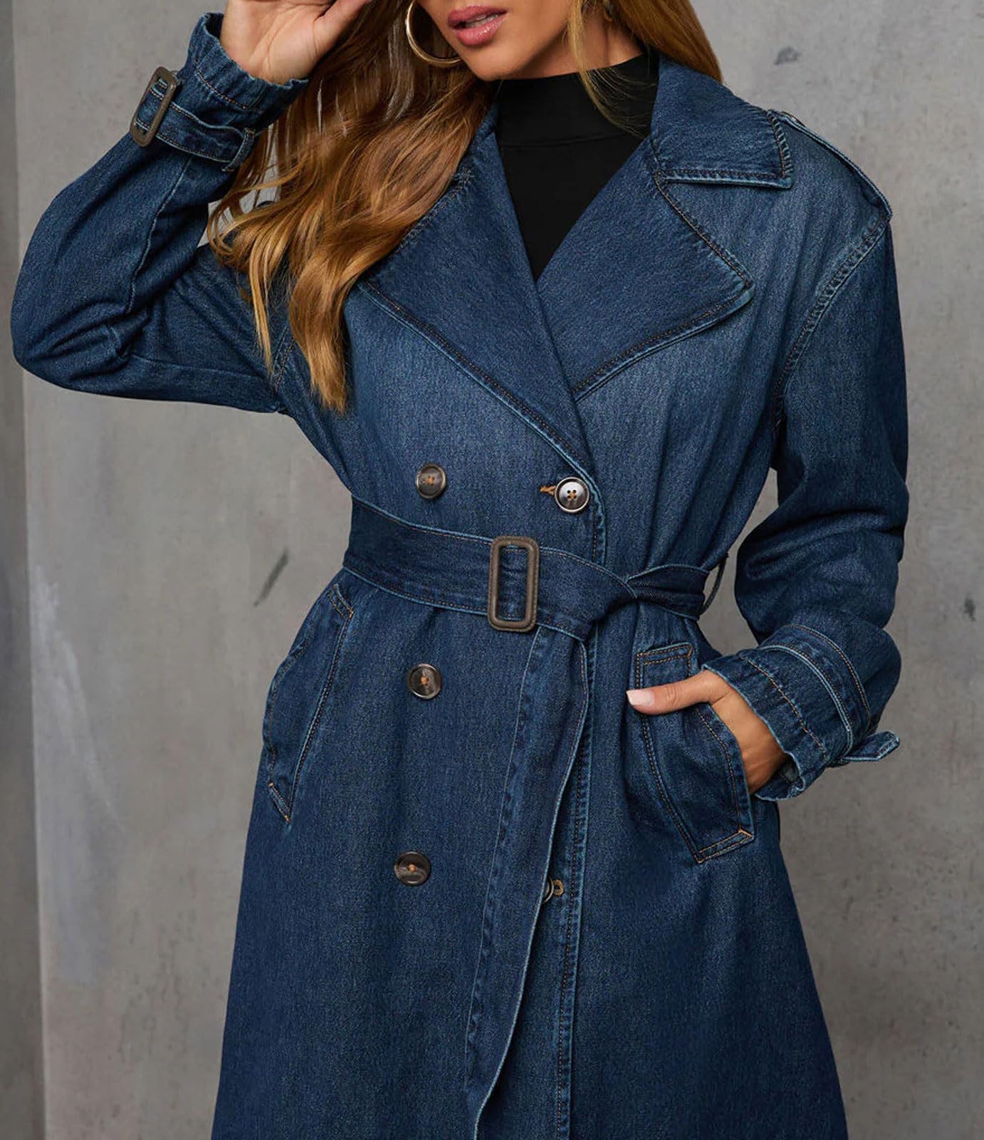 loveimgs Donne Vintage Doppio Petto Mid Lungo Denim Giacca Jean Trench Cappotto Duster Blazer Giacca a Vento Cintura