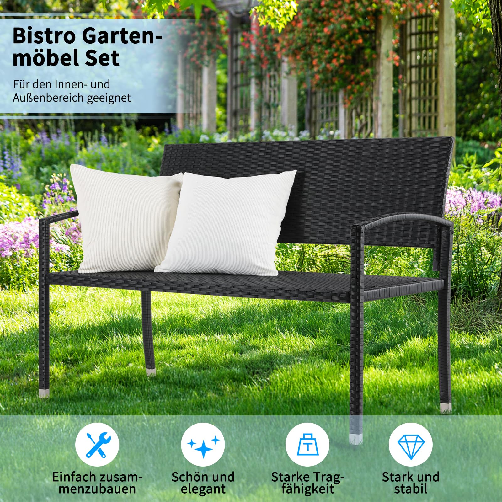 LIFERUN Gartenbank Rattan, Polyrattan Sitzbank Wetterfest, 2 Sitzer Balkon Bank, 320kg Belastbar, 122x60x85cm, Gemütliche Gartenmöbel Bank, Parkbank, Einseitiges Rattan, Sitzbank Outdoor, Schwarz