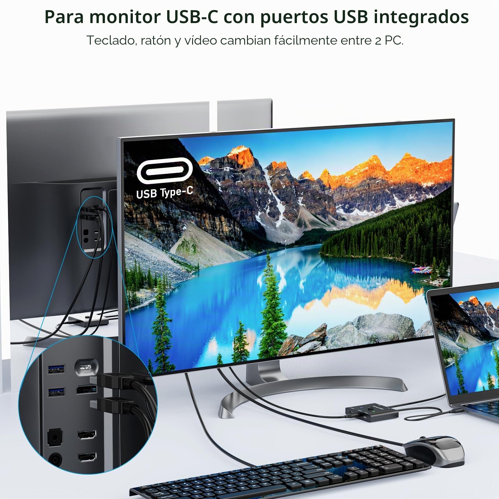 USB C Switch,Bidireccional Conmutador USB C 2 Computadoras,USBC KVM Switch 8K@60Hz 4K@120Hz Vídeo/Transferencia de Datos 10Gbps,PD 100W,Compatible con Dispositivo Thunderbolt, Cable Incluidos