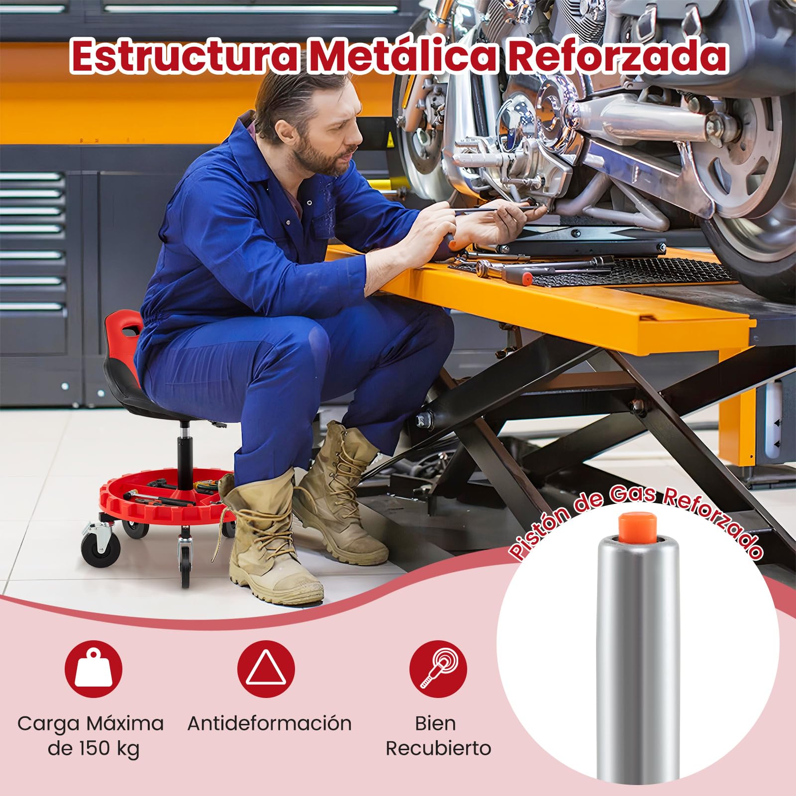 COSTWAY Taburete de Taller con 5 Ruedas, Taburete Rodante de Garaje, Taburete Mecánico con Altura Ajustable de 71/83 cm y Bandeja para Herramientas, Asiento Móvil para Reparación de Coches,Carga 150kg