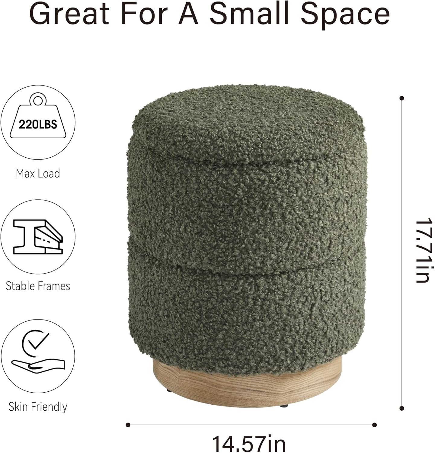 Get Set Style Round Ottoman with Storage, Modern Boucle Ottoman Upholstered Foot Stool with Wood Base, Vanity Stool Chair, Footrest Extra Seat for Living Room Bedroom Entryway (Olive Green)