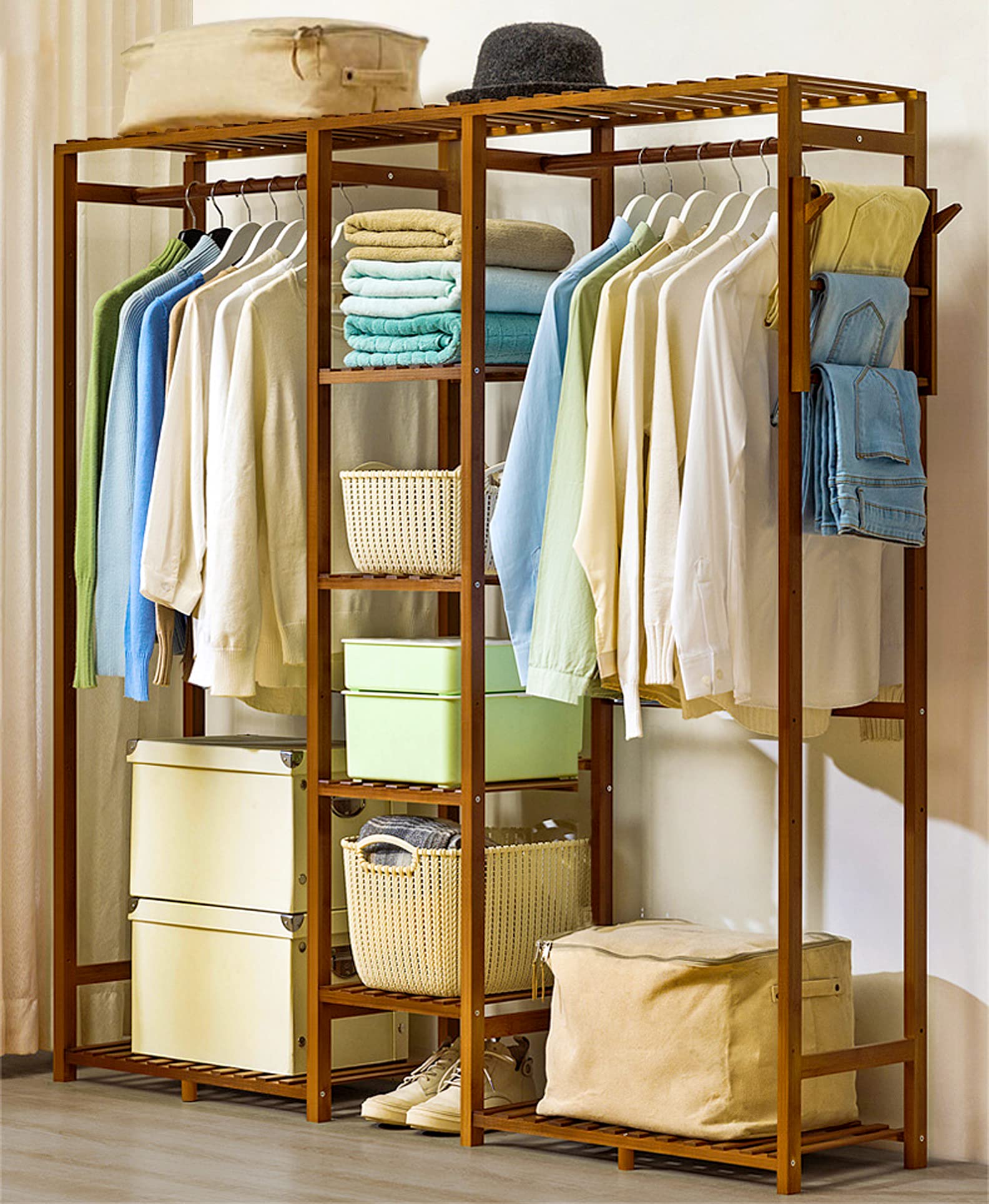 Buy Bamboo Garment Rack with Shelves 7 Tier Wardrobe Closet Racks for