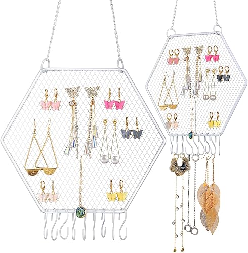 Miniatura 8 de 2 soportes de pared para aretes de pared, organizador de aretes colgantes, soporte decorativo con forma de cuadrícula de diamante, estante de