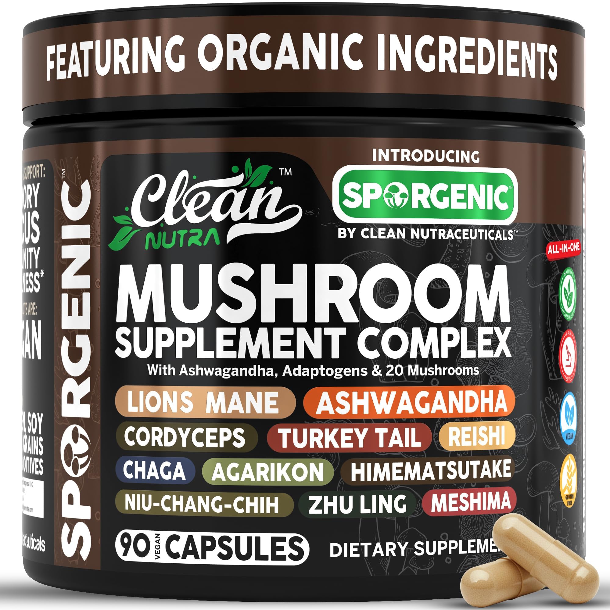 Organic Mushroom Supplement | Ashwagandha Lions Mane Cordyceps Turkey Tail Reishi Mushrooms Maca Root Black Hoof Chaga Tremella Agarikon Shiitake Oyster Powder Capsules Sporgenic By Clean Nutra (1)