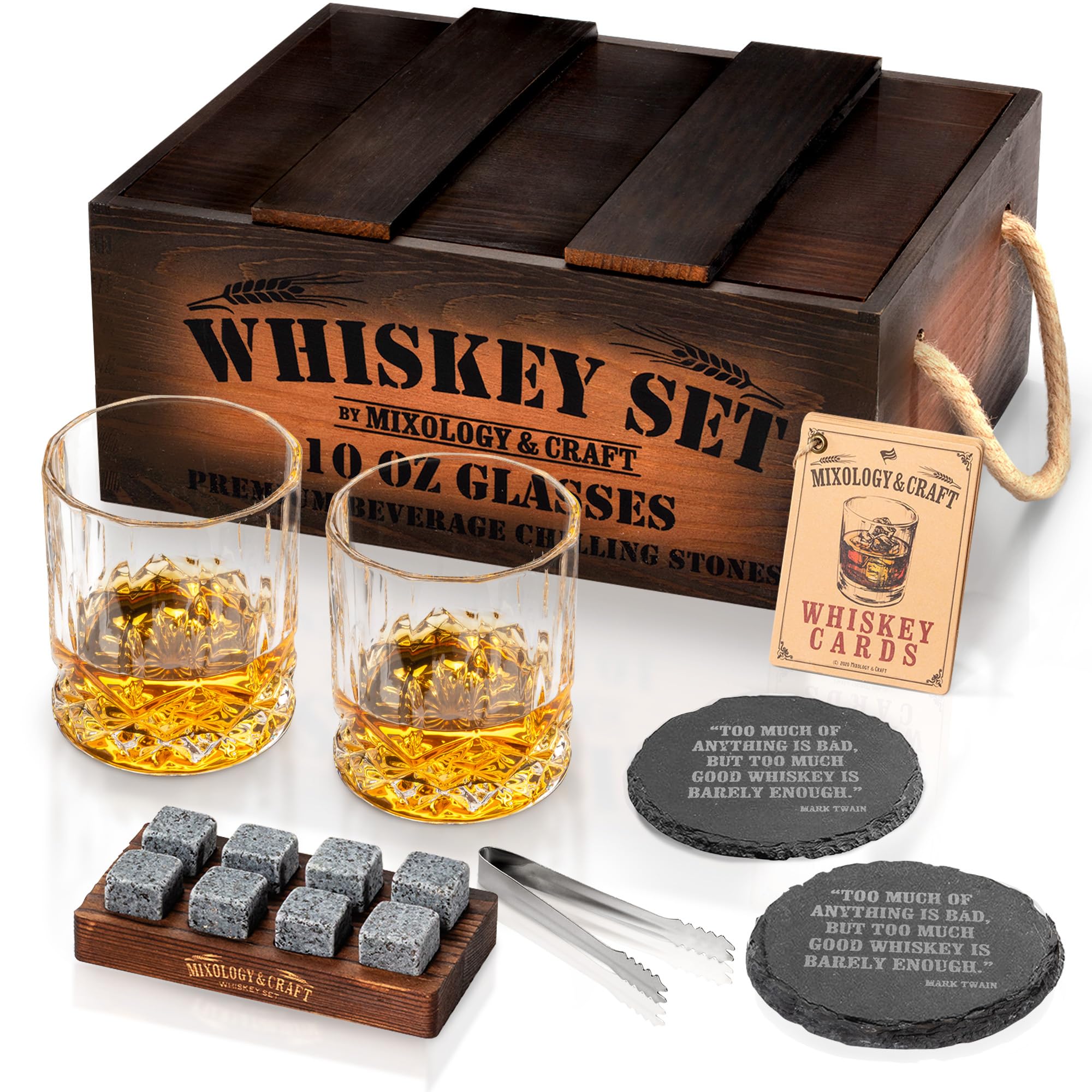 Whiskey Gift Set, Whiskey Glass Set with Rustic Wooden Crate, 8 Granite Whiskey Rocks Chilling Stones, 10oz Glasses, Raffle Gift for Men, Dad, Husband, Boyfriend - Jameson Dark Brown