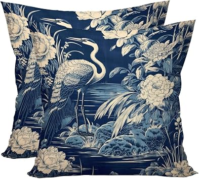 Mousus 2 Pack, Asian Scenic Decorative Velvet Pillow Covers Ancient China Blue and White Chinoiserie Throw Pillow Case Cushion Cover for Couch, Indoor Outdoor Decorations Home Decor 24 X 24 Inch