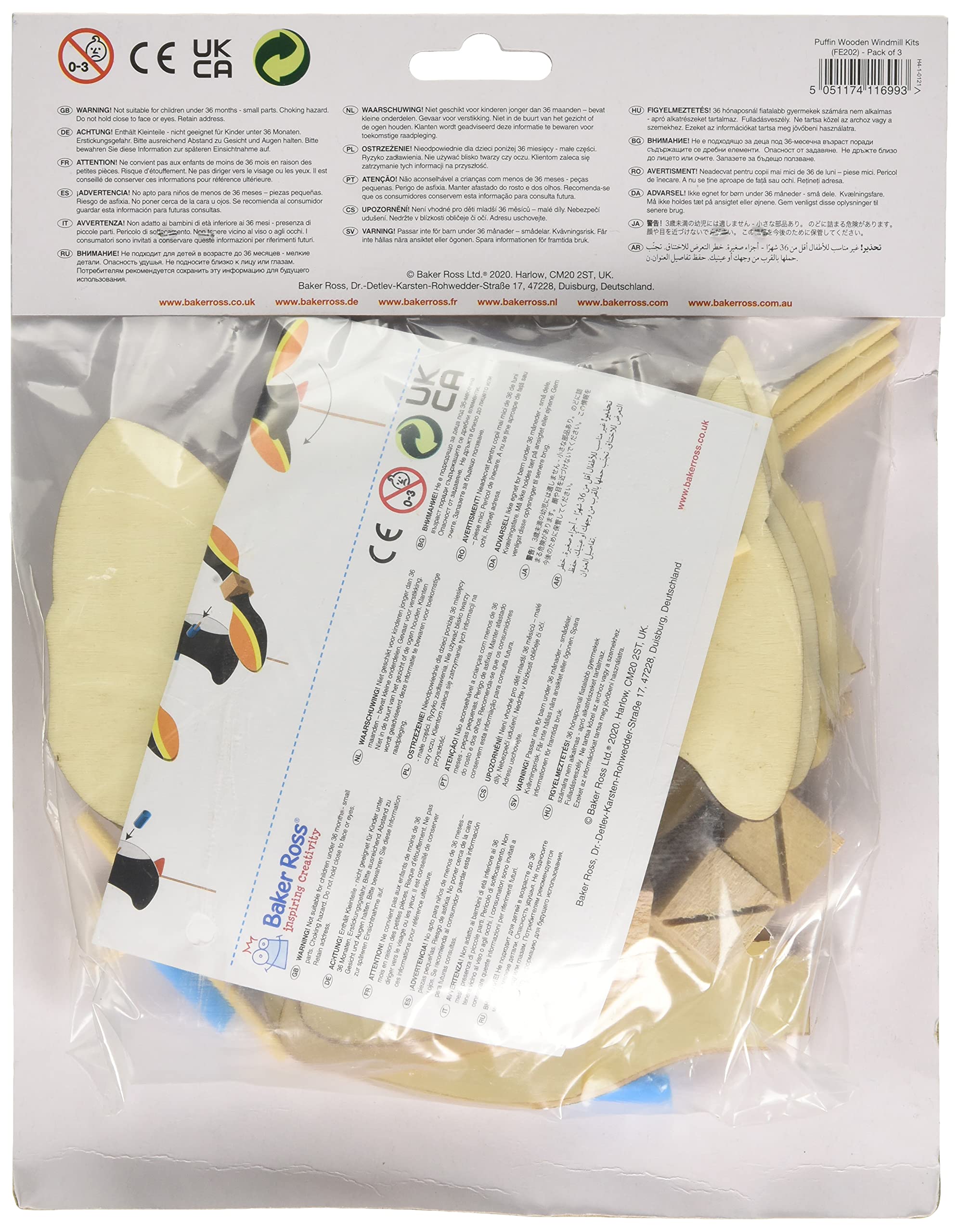Baker Ross FE202 Kit Mulini A Vento Pulcinella Di Mare In Legno - Confezione Da 3 - Lavoretti Creativi Estivi Per Bambini Da Colorare E Montare