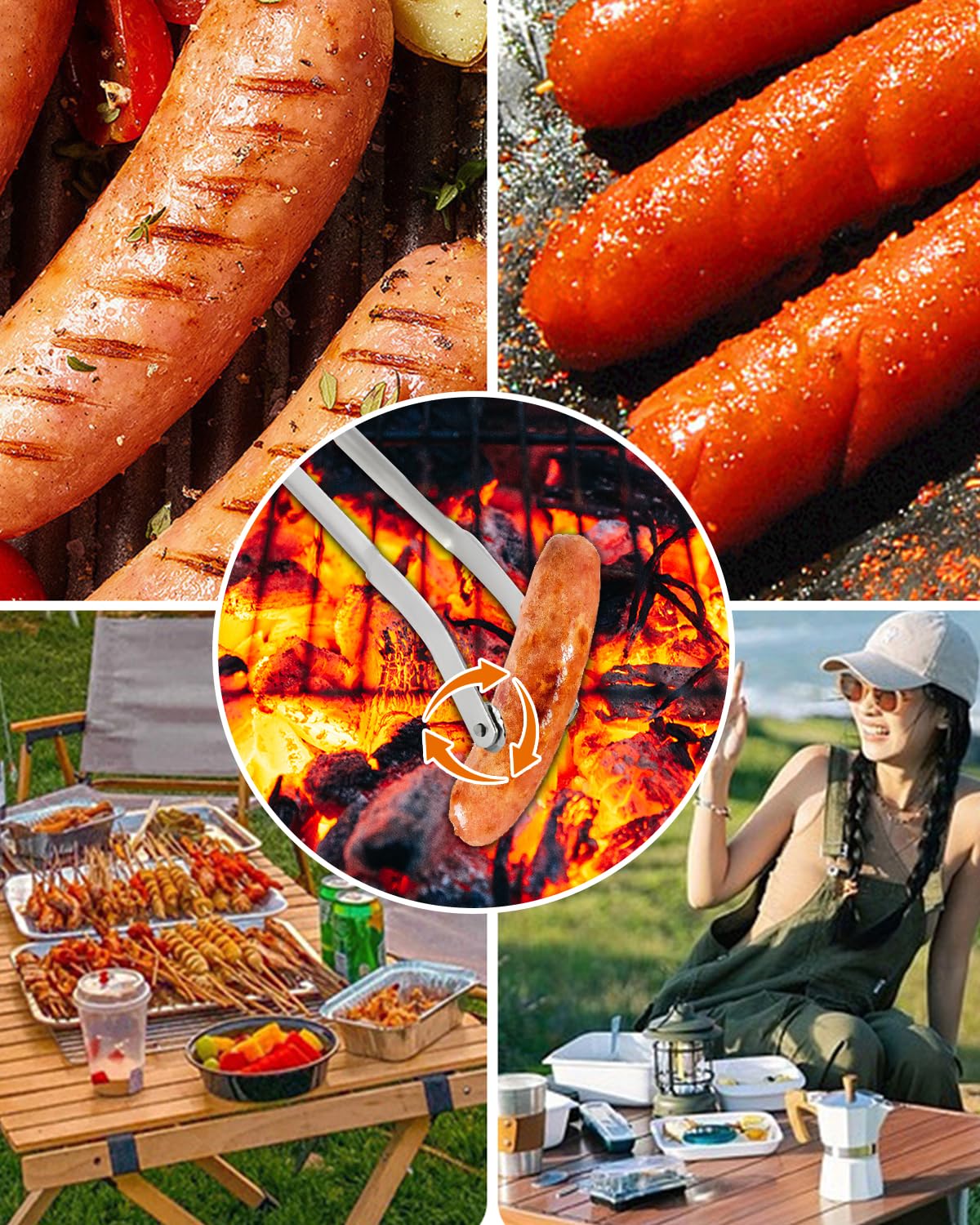 2 pinzas giratorias para salchichas de barbacoa, de acero inoxidable, mango largo, pinzas de cocina para cocinar, pinzas para girar pan, carne, tocino, carne, verduras
