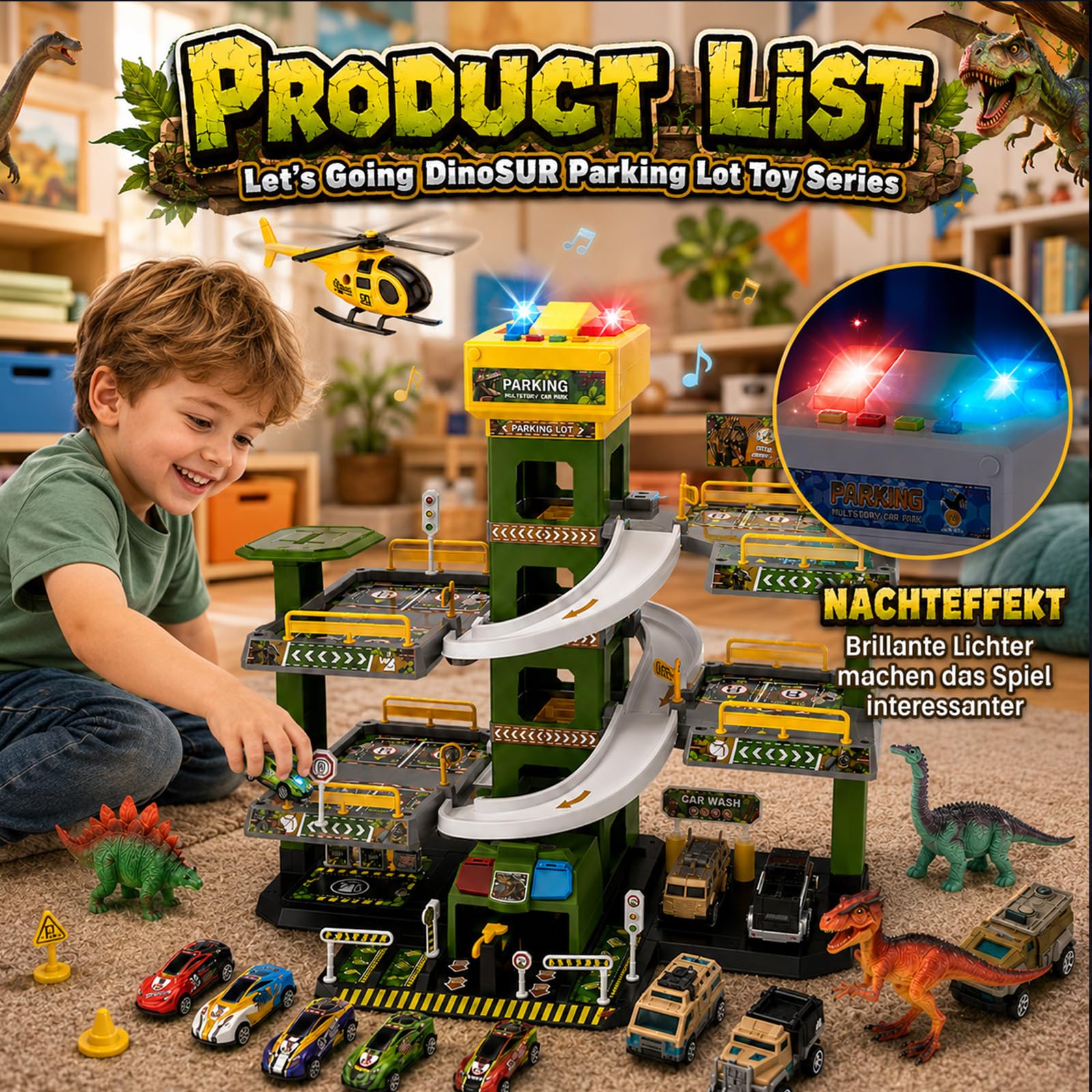 Garage parcheggio a 5 piani per bambini, set da gioco con musica ed effetti luminosi, con 14 auto giocattolo e 1 elicottero, parcheggio con ascensore, regali per ragazzi e ragazze (tema dinosauro)
