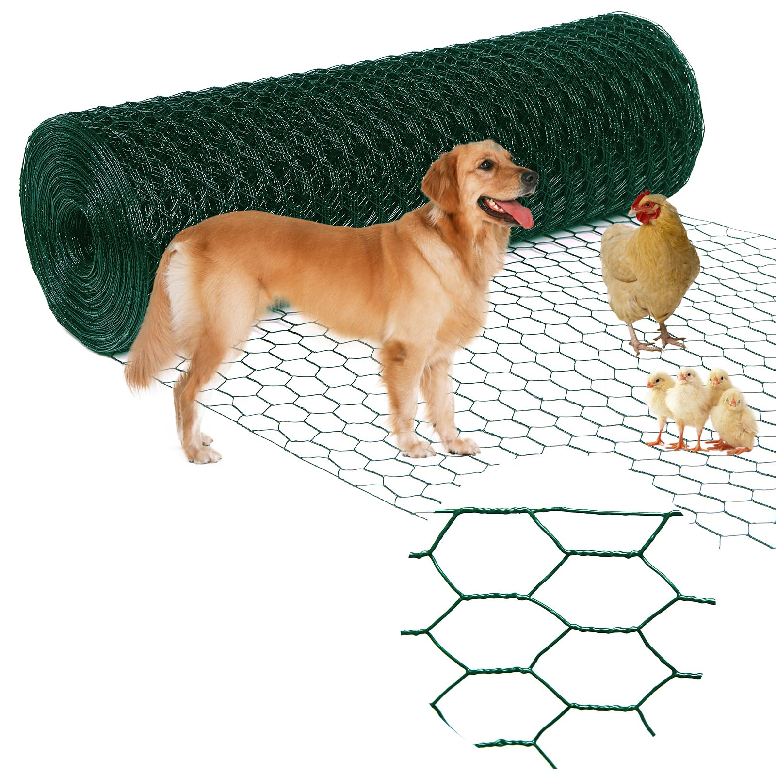 Yardbliss Chicken Wire12inx150ft, Premium Chicken Wire Fencing, Chicken Wire Mesh, Green PVC Coated Metal Wire Fence, Galvanized Poultry Netting