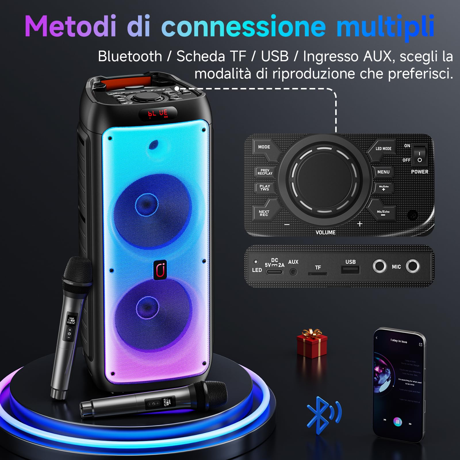 JYX Sistema Karaoke con 2 Microfoni Wireless, Altoparlante Karaoke Bluetooth Portatile Professionale con Luci LED, Ideale per Feste in Famiglia e Regali, Supporta USB/TF/AUX/MIC/TWS
