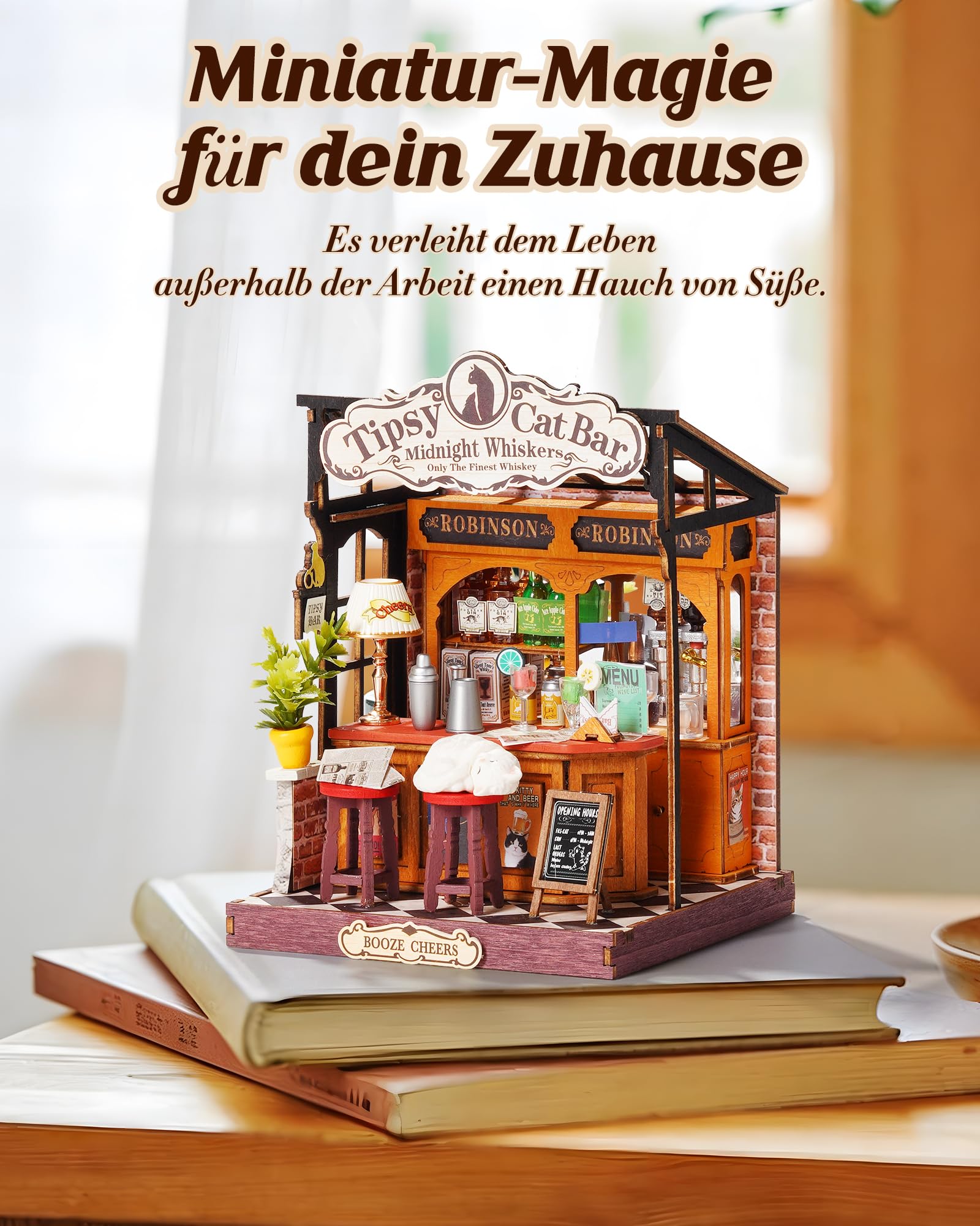 Rolife Miniatur Haus Tipsy Cat Bar, 136-teiliges Mini Haus Selber Bauen Bastelset Erwachsene für Jugendliche Kein Kleber erforderlich, Puppenhaus Tiny House Bausatz 3D Puzzle Book Nook