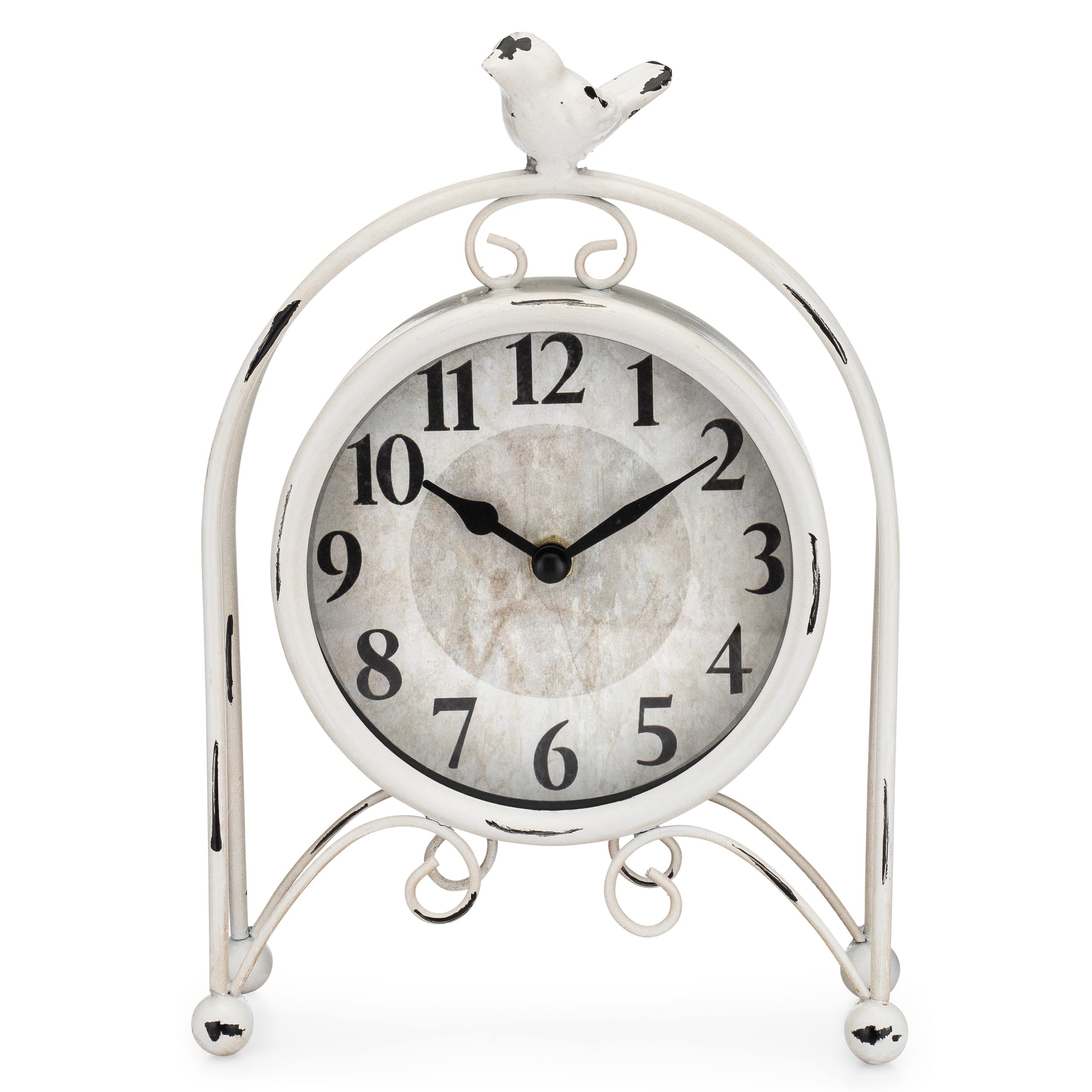Westclox Vintage Style Bird Table Clock – Decorative Metal Desk Clock, Battery Powered, Retro Home Accent for Living Room, Bedroom, or Office (White)