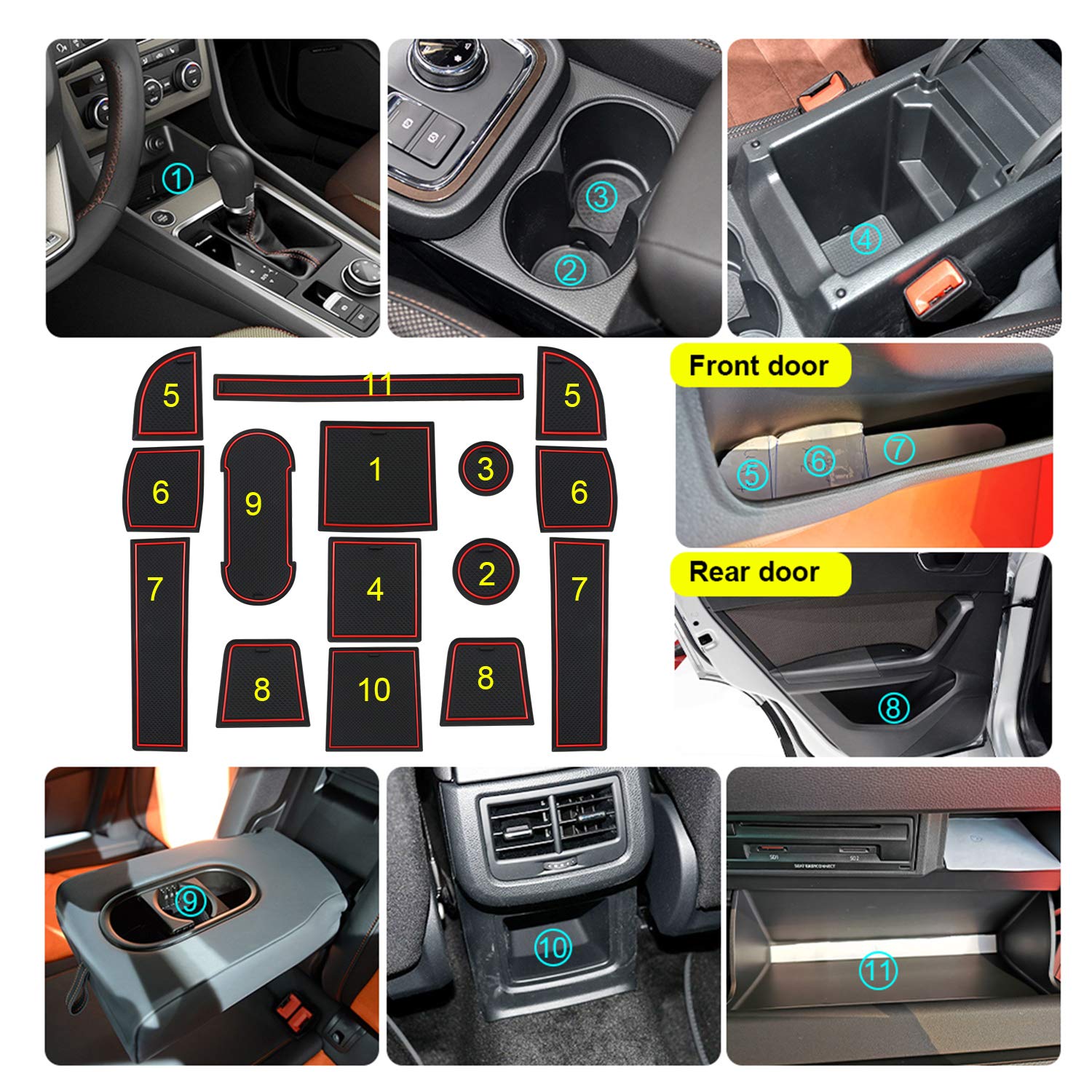 Alfombrillas Antideslizantes LFOTPP Para Seat Ateca - Juego De 11 Piezas En Goma, Para Portavasos, Puertas Y Consola