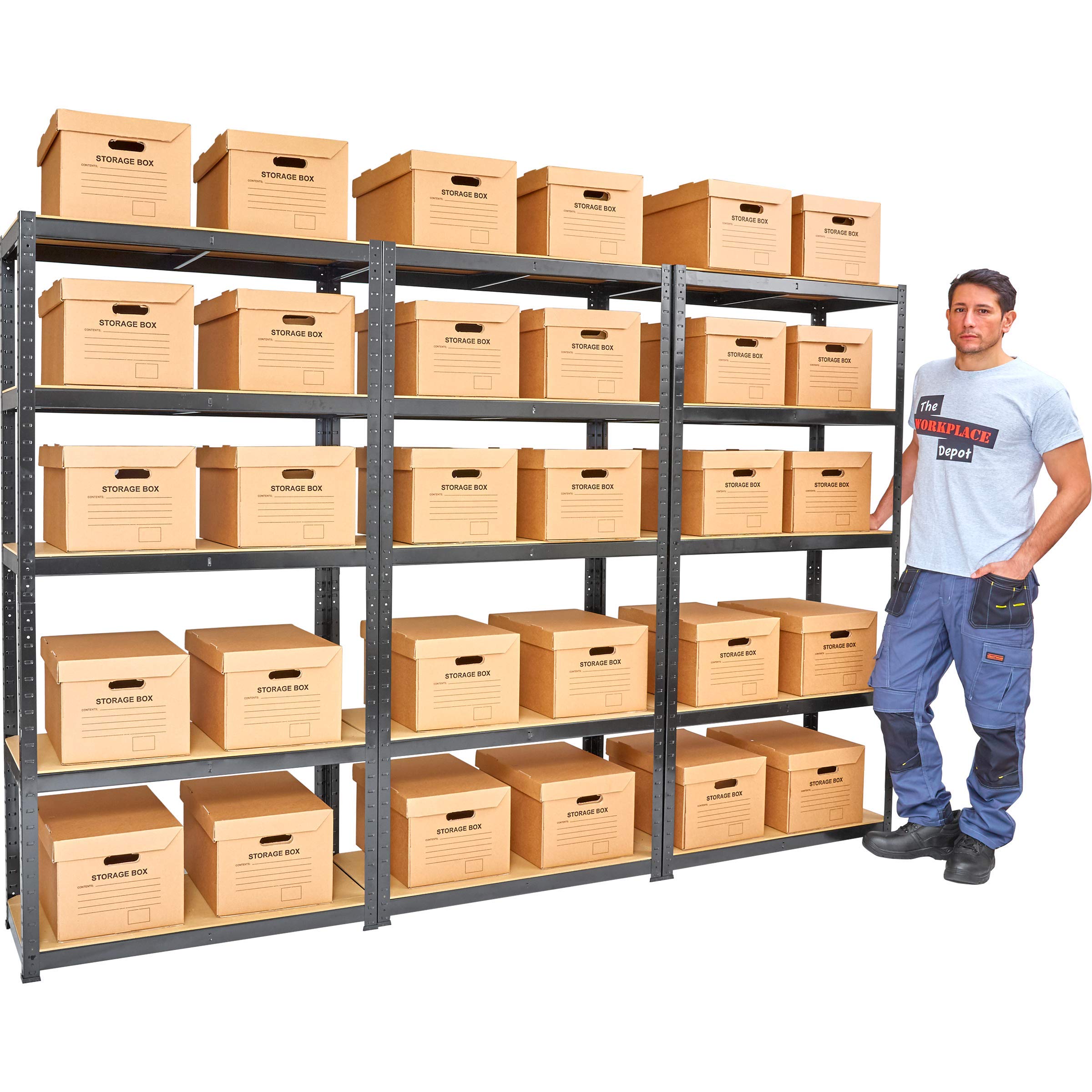 The Workplace Depot Black Archive Shelving System - 15 Shelves With 30 A4 Archive Filing Boxes