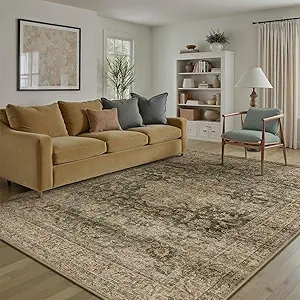 6x9 Washable Green Vintage Area Rug for Living Room Bedroom Large Traditional Low Pile Soft Carpet Non-Slip Thin Retro Distressed Accent Throw Rug for Dining Room Office Kitchen Indoor