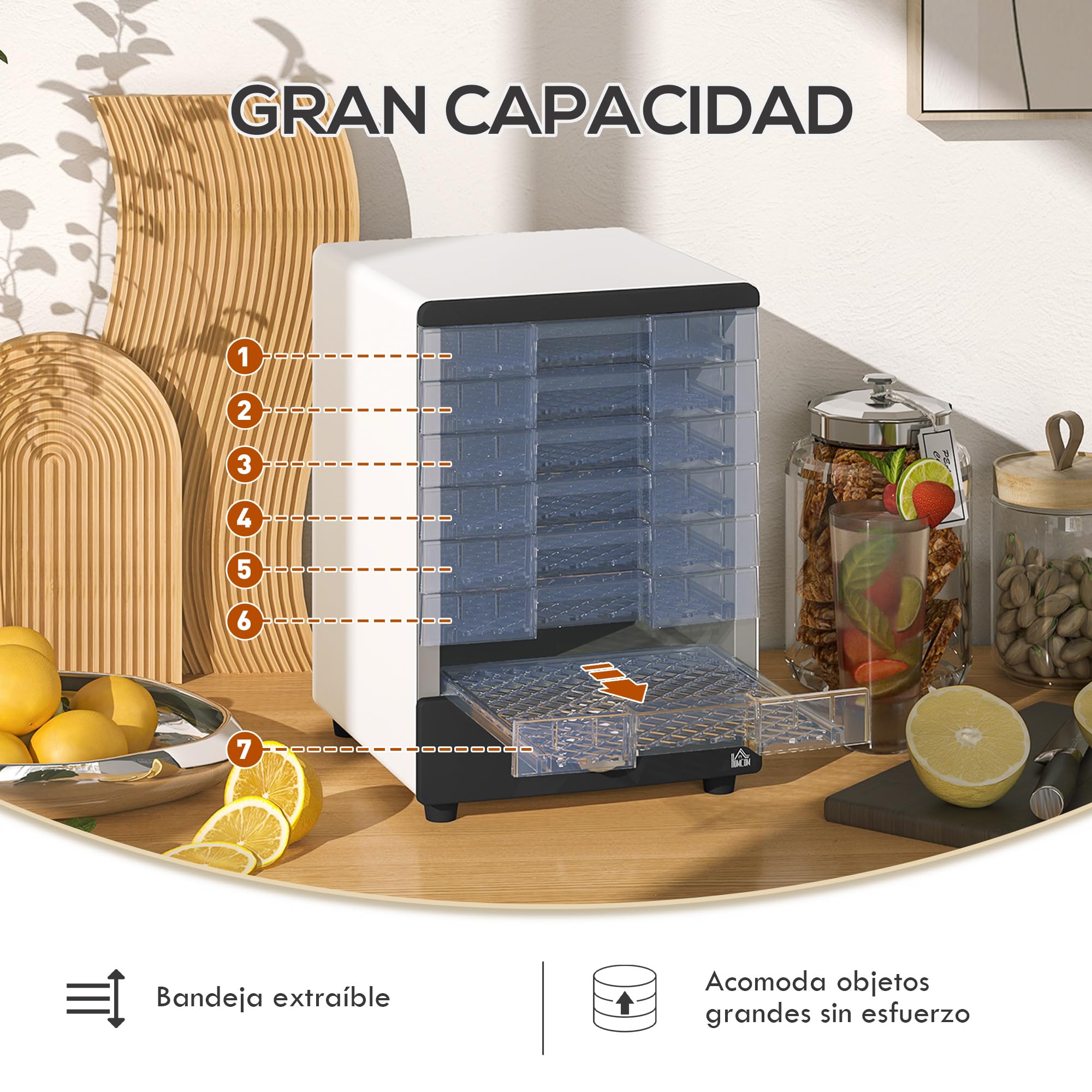 HOMCOM Deshidratador de Alimentos 350W con 7 Bandejas Temperatura Regulable 40-70 ℃ Deshidratadora para Frutas Verduras y Golosinas para Mascotas Blanco