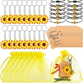170 Pcs Sunflower Party Favors Include Sunflower Keychains Adjustable Sunflower Bracelets Thank You Kraft Tags Organza Bags for Birthday Summer Party Wedding School Reward Baby Shower Return Gifts