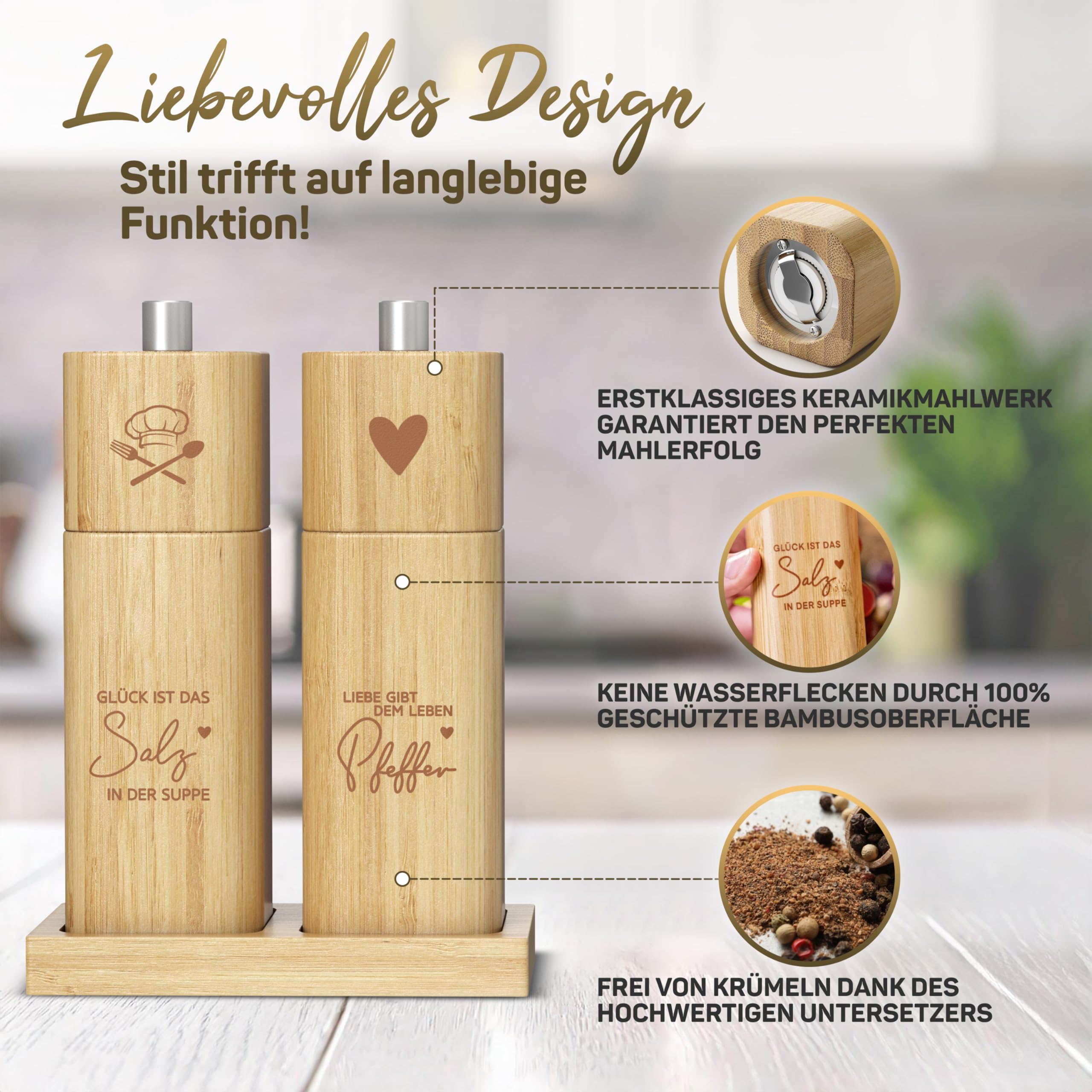 ELBFUCHS® Salz und Pfeffermühle Holz Groß [PERFEKTE GESCHENKIDEE] Liebevolles 2-er Set Pfeffer und Salzmühle mit Keramikmahlwerk | Ideal für Hölzerne Hochzeit Geschenk Einzug, Polterabend