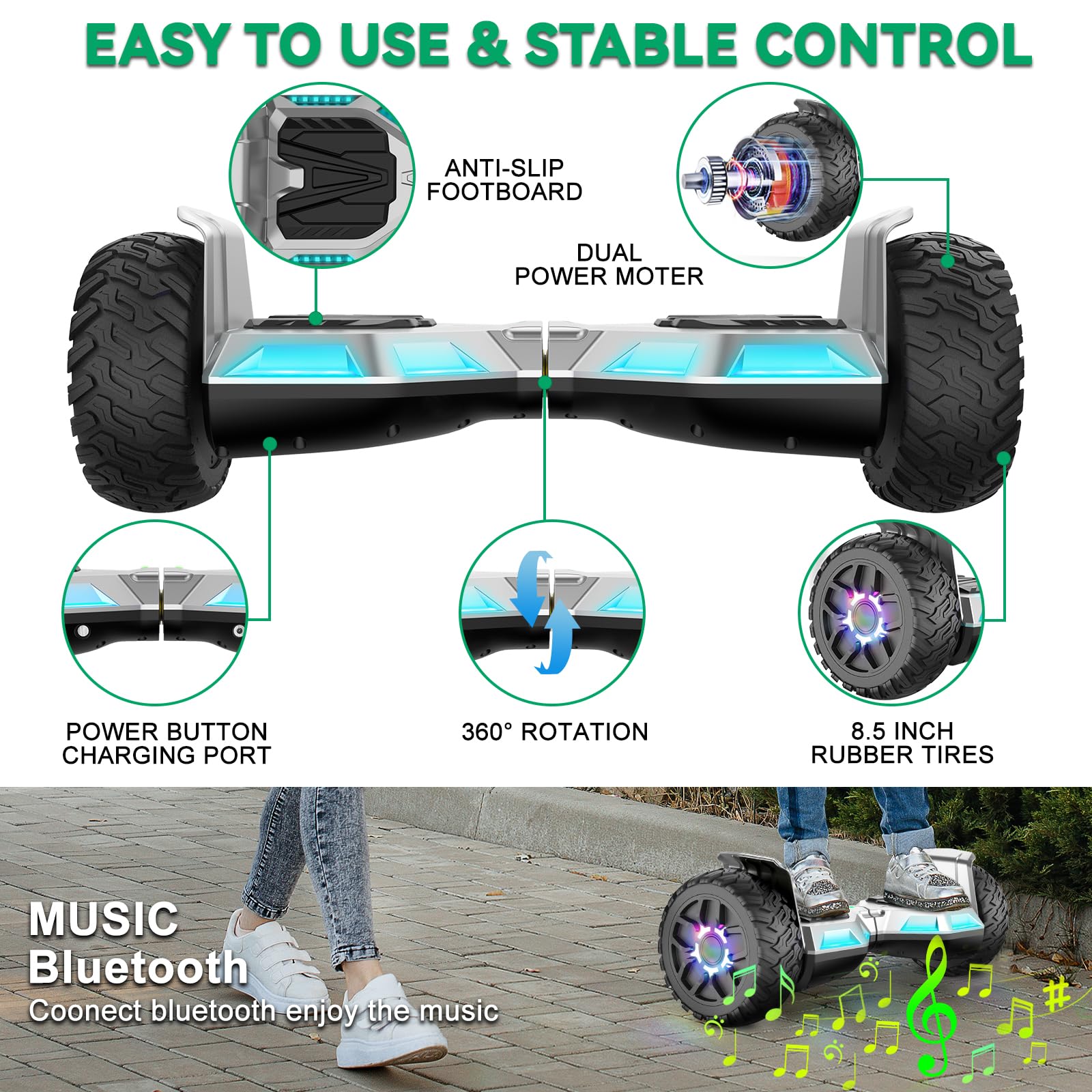 Hoverboard with Seat, deskorolka elektryczna All-Terrain z hoverkart, 8,5 cala gokart z samobalansującą hulajnogą, off-road hoverboard z głośnikiem Bluetooth, LED, prezent dla dzieci
