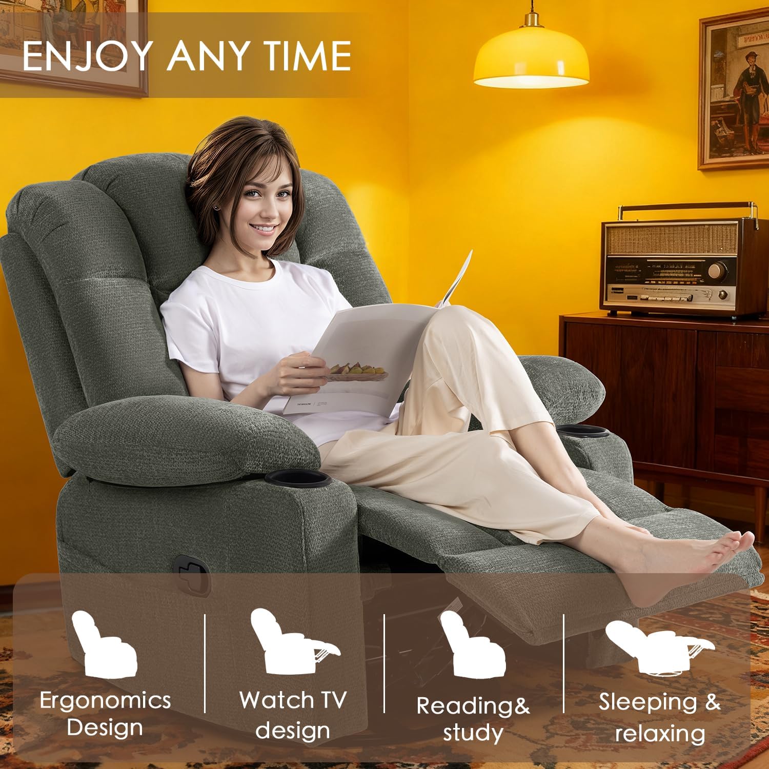 Manual Recliner Gliders for Nursery, Chenille Swivel Rocker Recliner Chair, Comfy Upholstered Living Room Reclining Rocking Chairs with Heat and Massage (Dark Gray, 30"x30"x40")