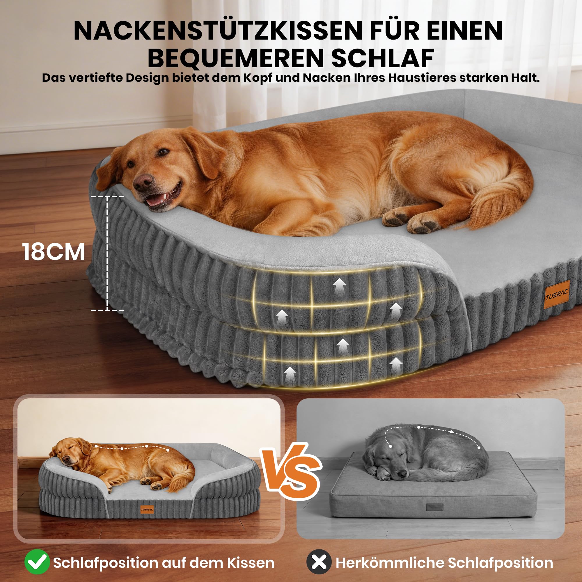 Orthopädisches Hundebett Grosse Hunde, Hundekissen Waschbar, 112x81x18cm | Hundesofa mit eierförmiger Kistenschaum, Hundekissen Waschbar Abnehmbarem Flanellbezug,rutschfeste Unterseite für Große Hunde