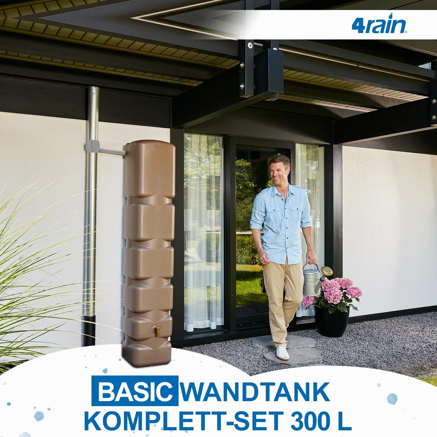 4rain Basic Regentonne Set 300 Liter Taupe Wassertonne | mit Kunststoff-Auslaufhahn Fallrohranschluss Regenwassertank Wassertank für Garten Regenfass Regenwassertonne Wasserbehälter