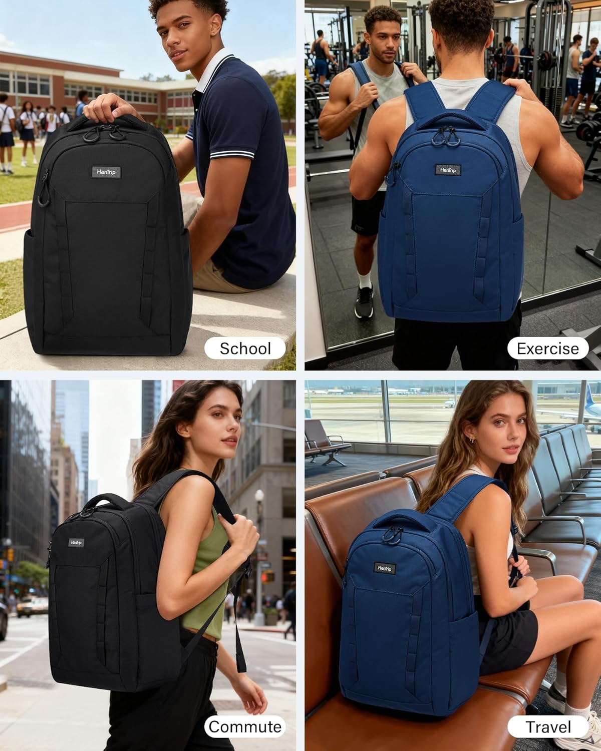 Travel Laptop Backpack Carry On, 18 Inch Large Work Backpack School Book Bags, Light Water Resistant Backpacks for Women Men with Luggage Strap Water Bottle Pocket Chest Strap, Black