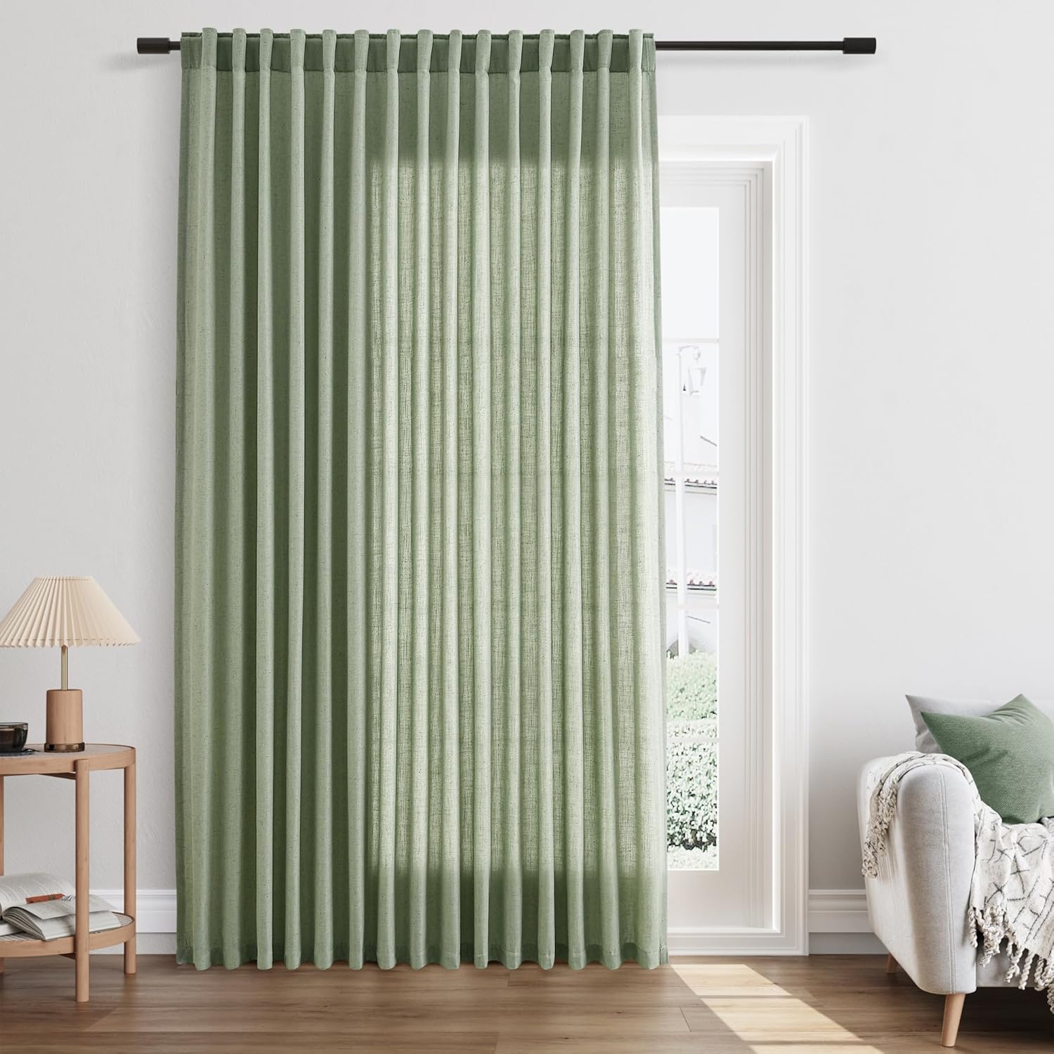 Extra Wide Linen Curtain for Living Room 100 Inch Wide Back Tab Curtains Semi Sheer Farmhouse Sliding Glass Door Boho Patio Room Divider Light Filtering Drape Light Sage 1 Panel W100xL90 Light Sage 100"W x 90"L (Pack of 1)