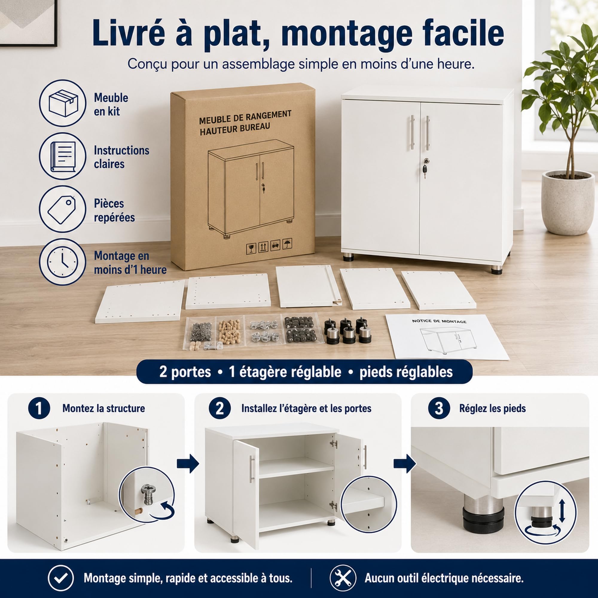 Armoire de Rangement de Bureau avec 2 Portes Blanc Hauteur 73 cm