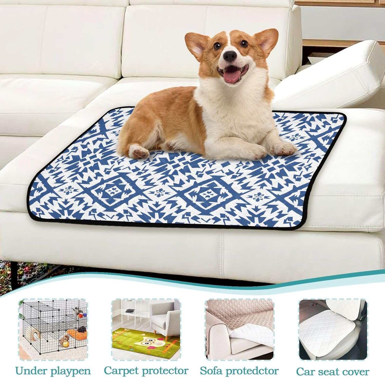 Blue Aztec Art Pattern Pet Mat Reusable Feeding Mats for Food and Water Non-Slip Pee Pads for Dogs Cats 2 Packs
