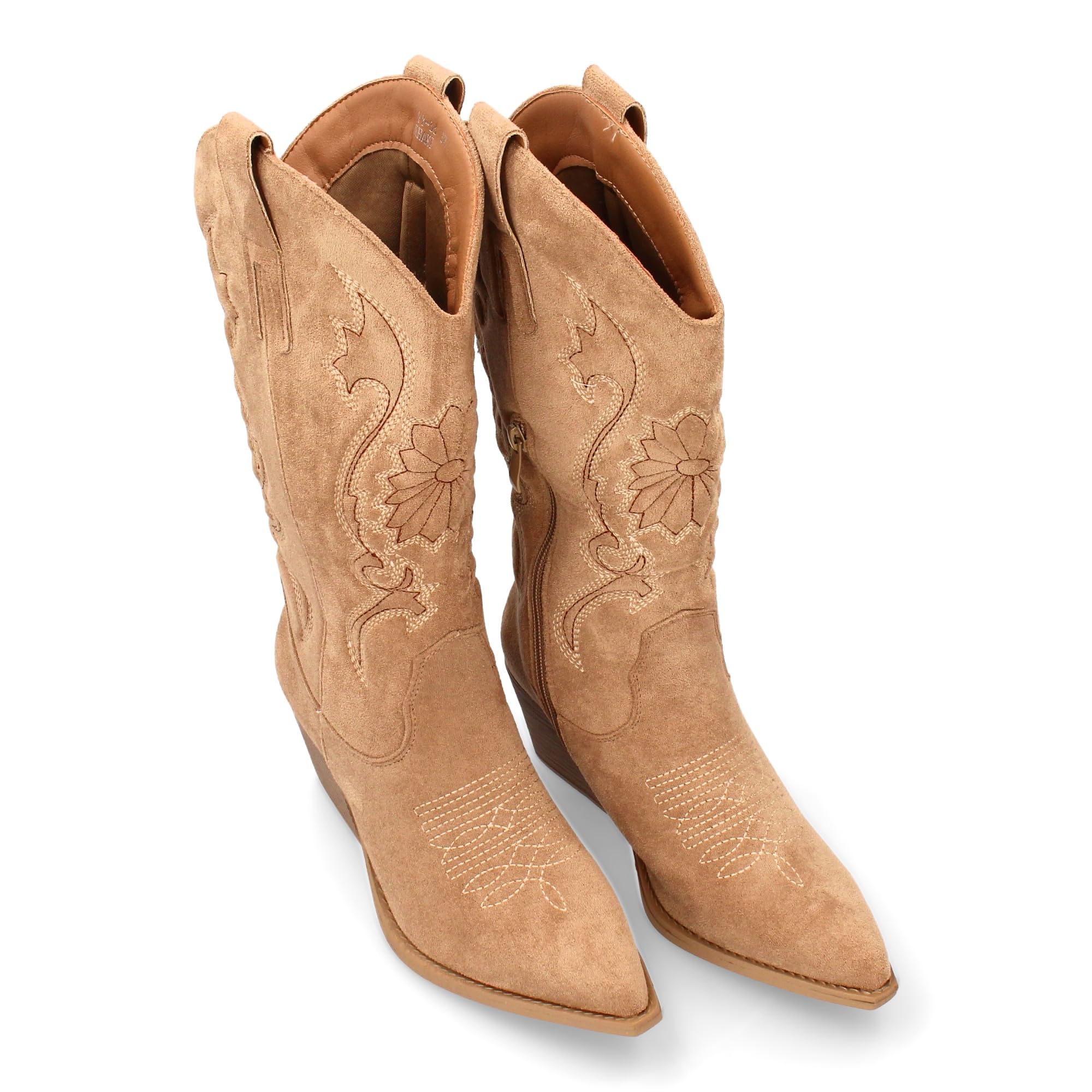 Bota Cowboy de Cana Alta con Bordados para Mujer. Tacon Medio y Punta Fina, Estampado Liso. Estilo campero y Cierre de Cremallera, Ideales para Temporada Otono Invierno.