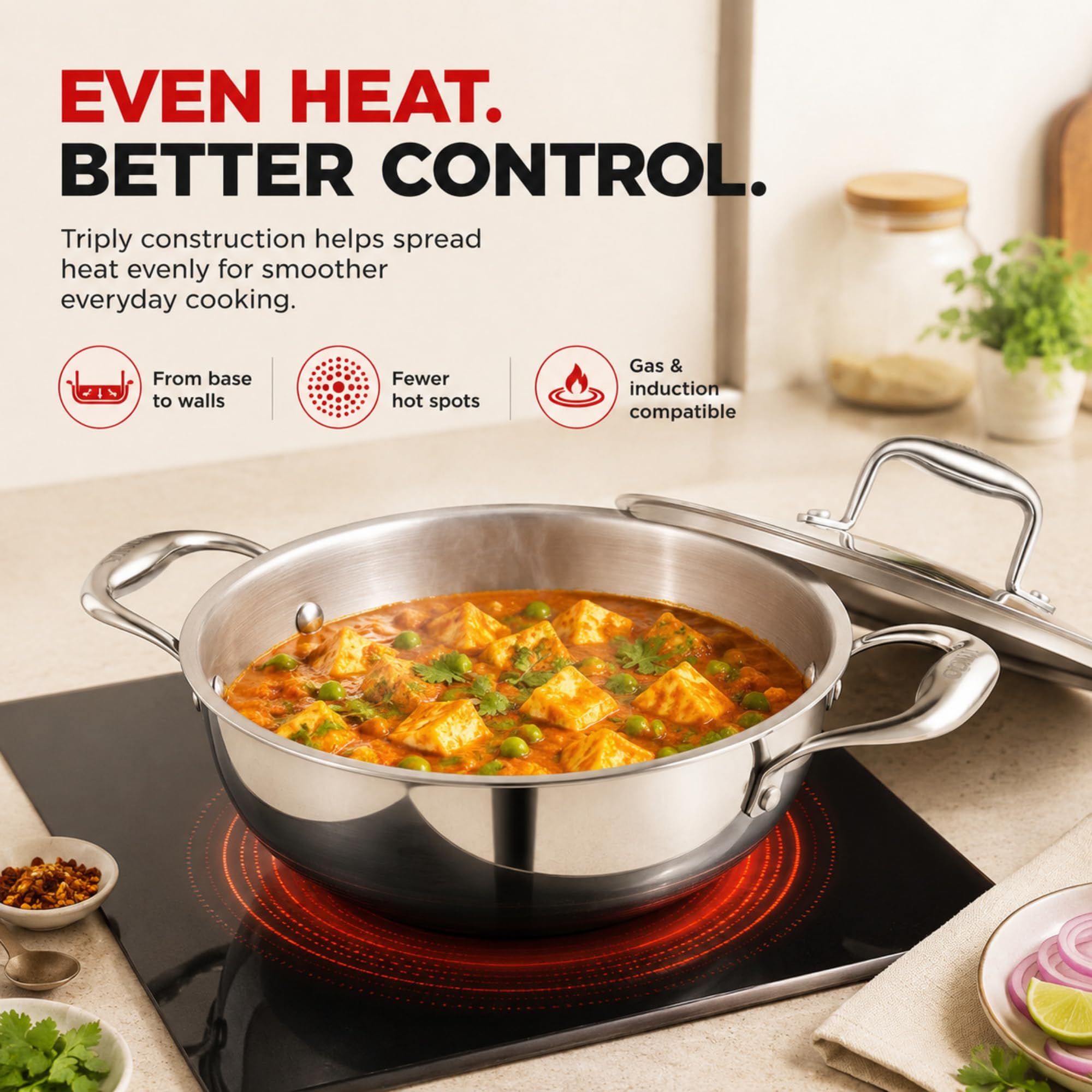 Vinod Stainless Steel Kadai - 28cm with Lid -5 Vinod Stainless Steel Kadai - 28cm with Lid -5