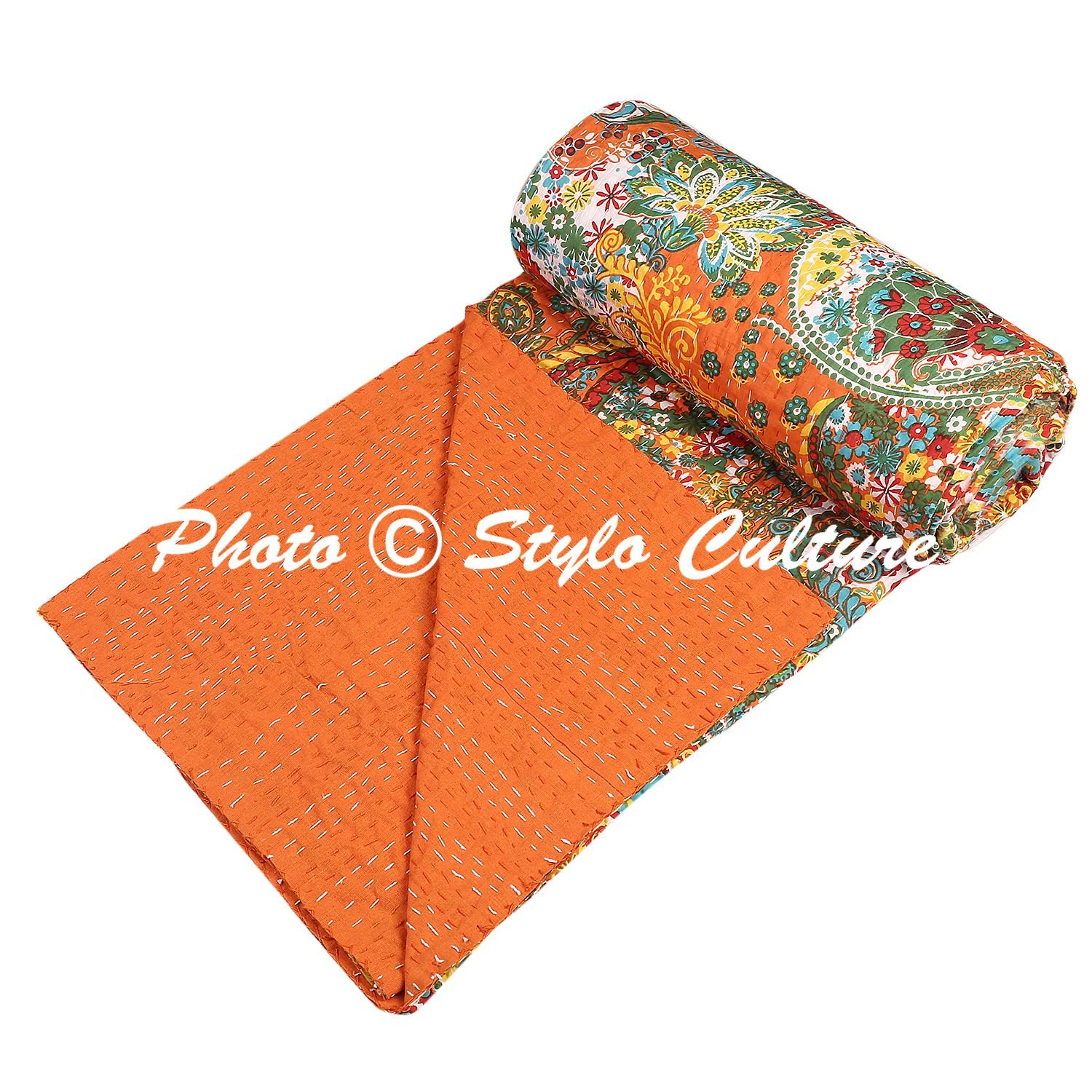 Stylo Culture Traditional Ethnic Kantha Indian Bed Throw Single Orange Cotton Paisley Hand Stitched Blanket Bedding Quilt Bed Cover Coverlet