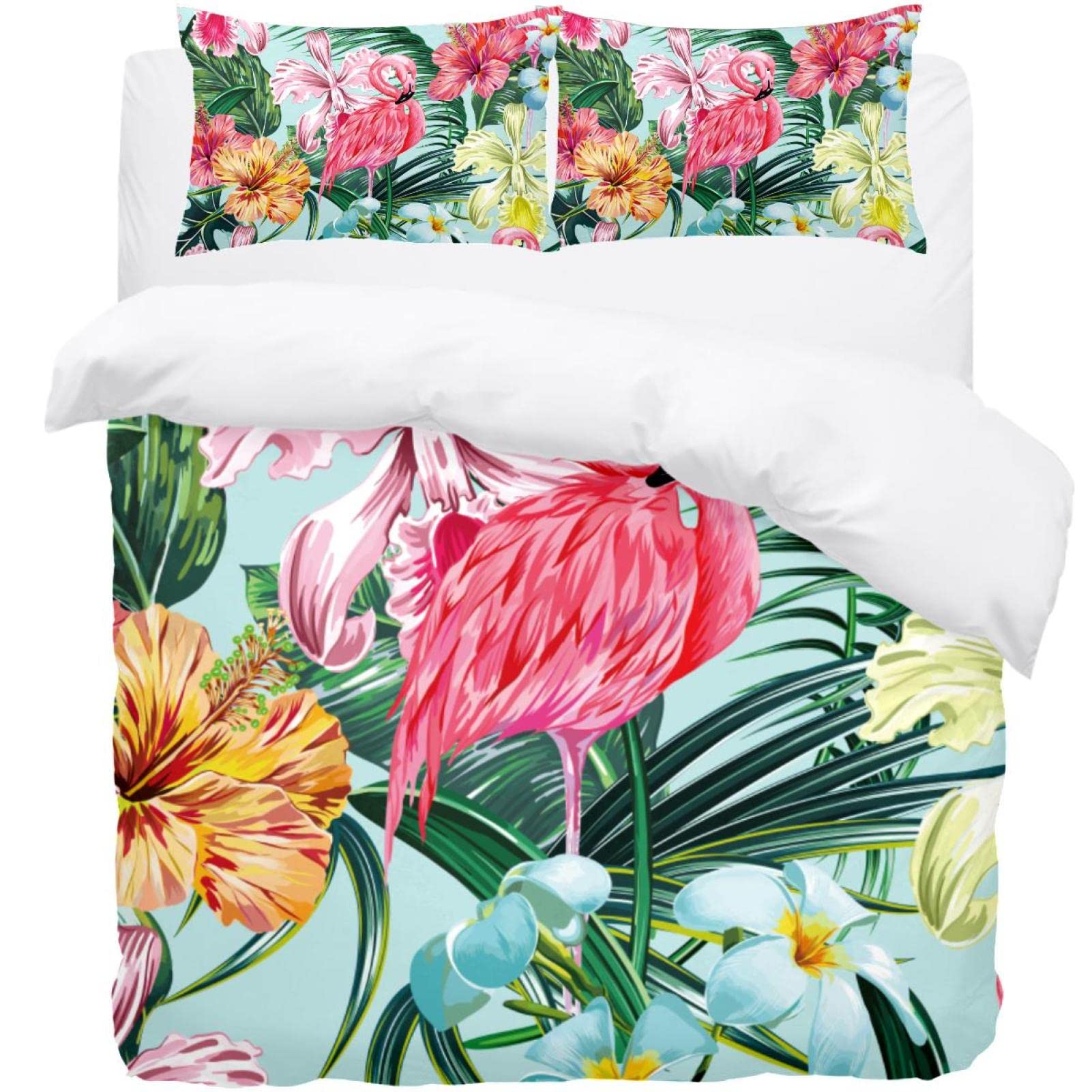 Parure de lit simple 3 pièces motif flamant rose avec housse de couette et taies d'oreiller
