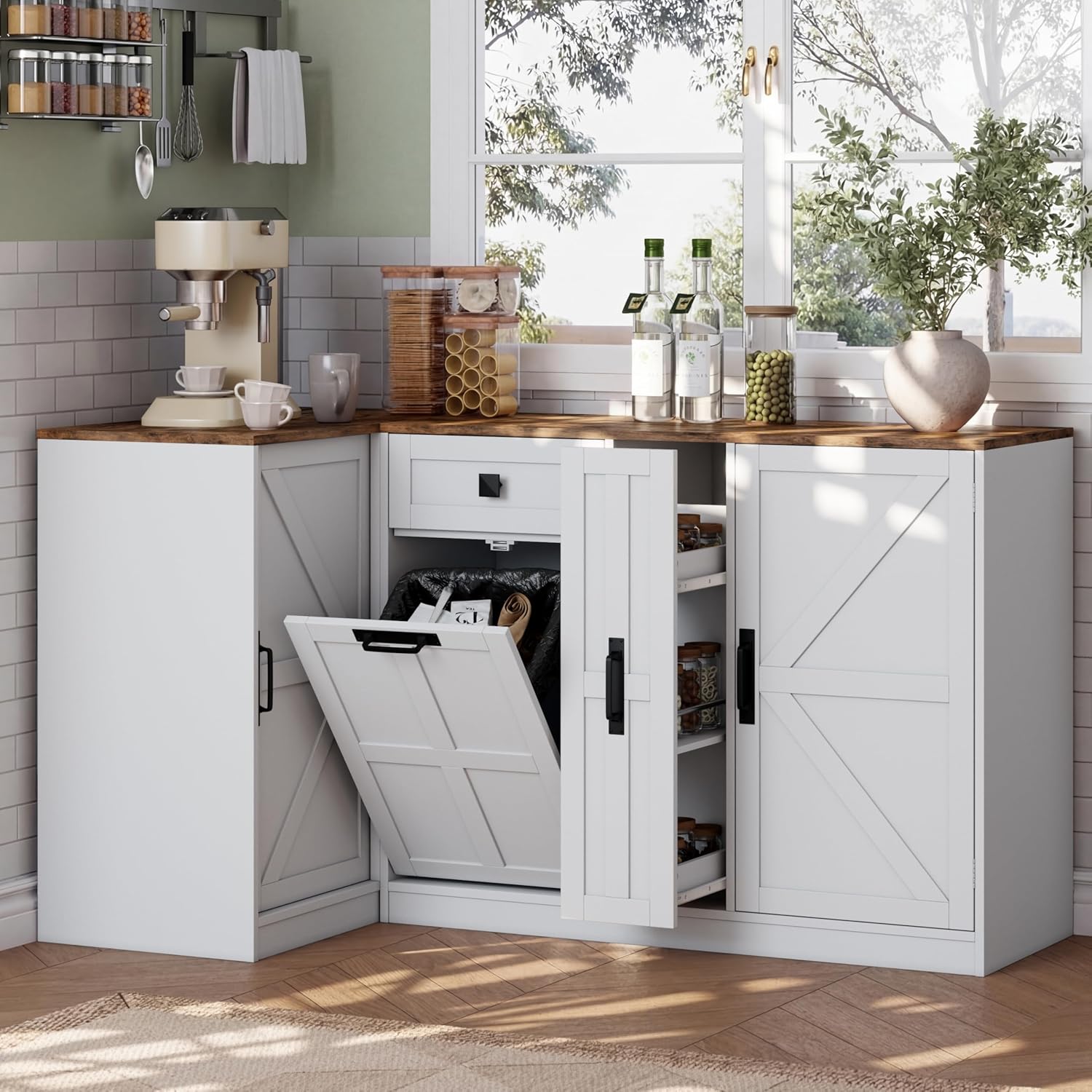 Corner Cabinet with Countertop, Kitchen Pantry Cabinet with Hidden Trash Storage Cabinet & 3-Tier Spice Rack, Farmhouse L-Shaped Sideboard with Doors & Adjustable Shelf for Dining Room, White