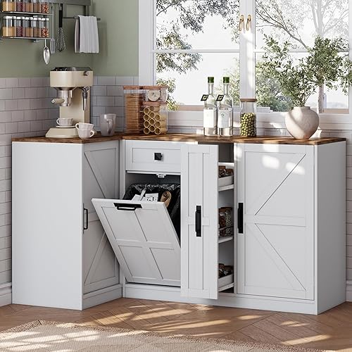 Corner Cabinet with Countertop, Kitchen Pantry Cabinet with Hidden Trash