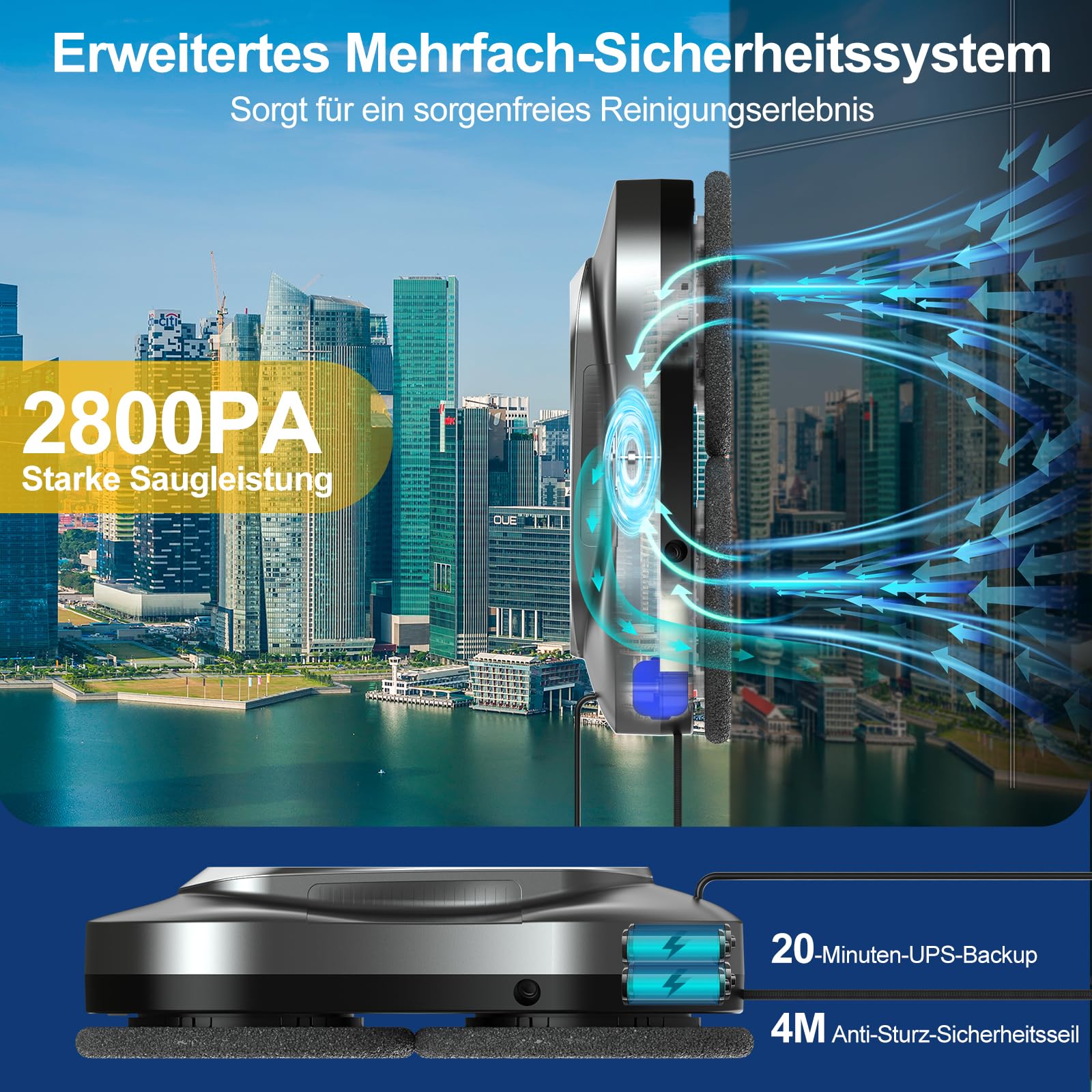 Intelligenter Fensterputzroboter, Elektrischer Fensterputzer mit Dual-Wasserspray, Automatischer Fensterroboter mit Fernbedienung und App, für Innen-und Außenfenster und Glas,Pfadplanung,Dark Grau