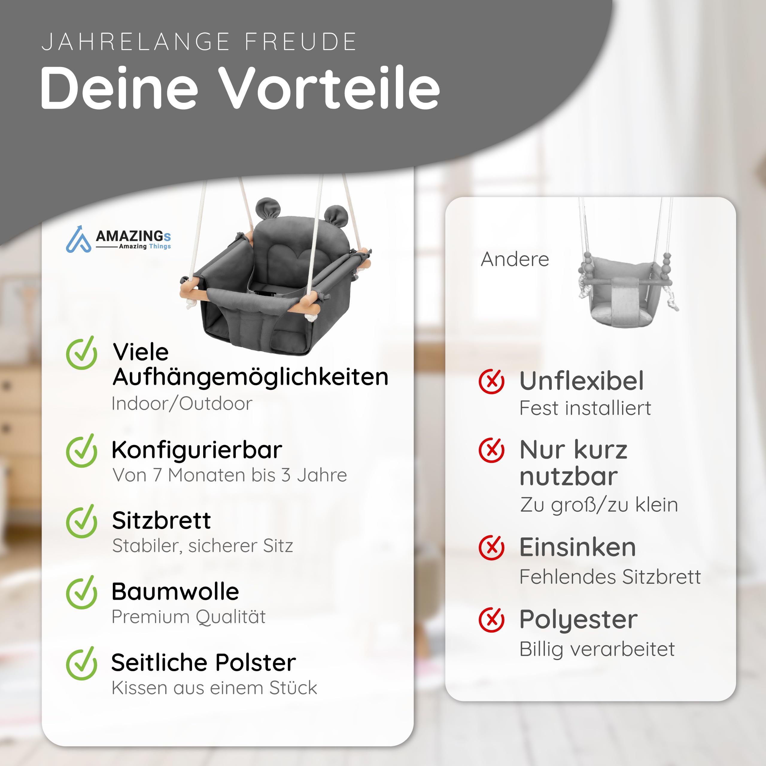 AMAZINGs Baby und Kinderschaukel | Mitwachsende Babyschaukel. Komplettset mit Aufhängung für Indoor und Outdoor | 3 in 1 Gurtsystem. Für Babys und Kinder ab 7 Monate bis 3 Jahre - Grau