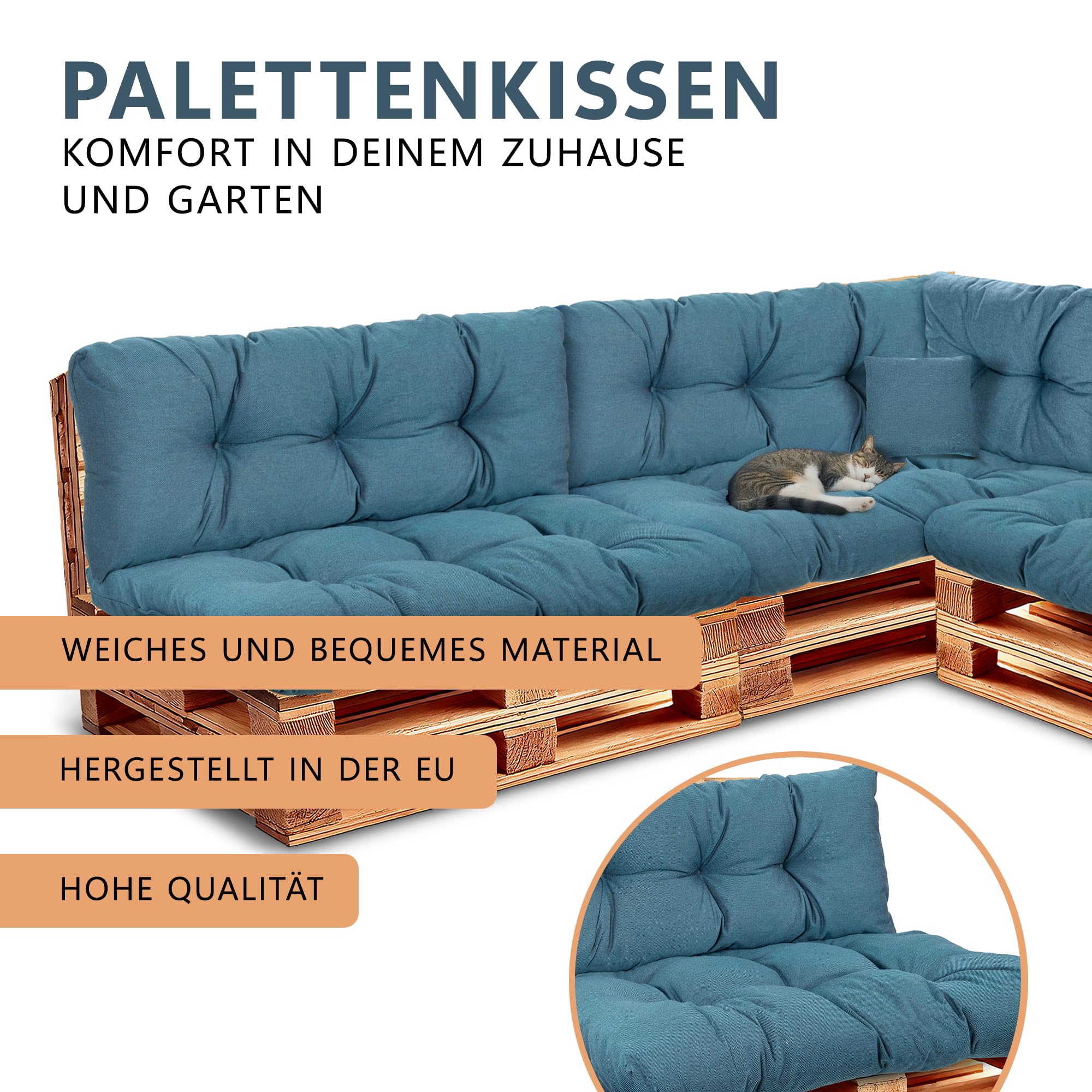 Cojín para palés para exteriores para sofá de palés, palés europeos, 3 cojines de respaldo de 120 x 40 cm + 3 cojines de 120 x 80 cm + 1 cojín lateral + 1 cojín decorativo de 40 x 40 cm