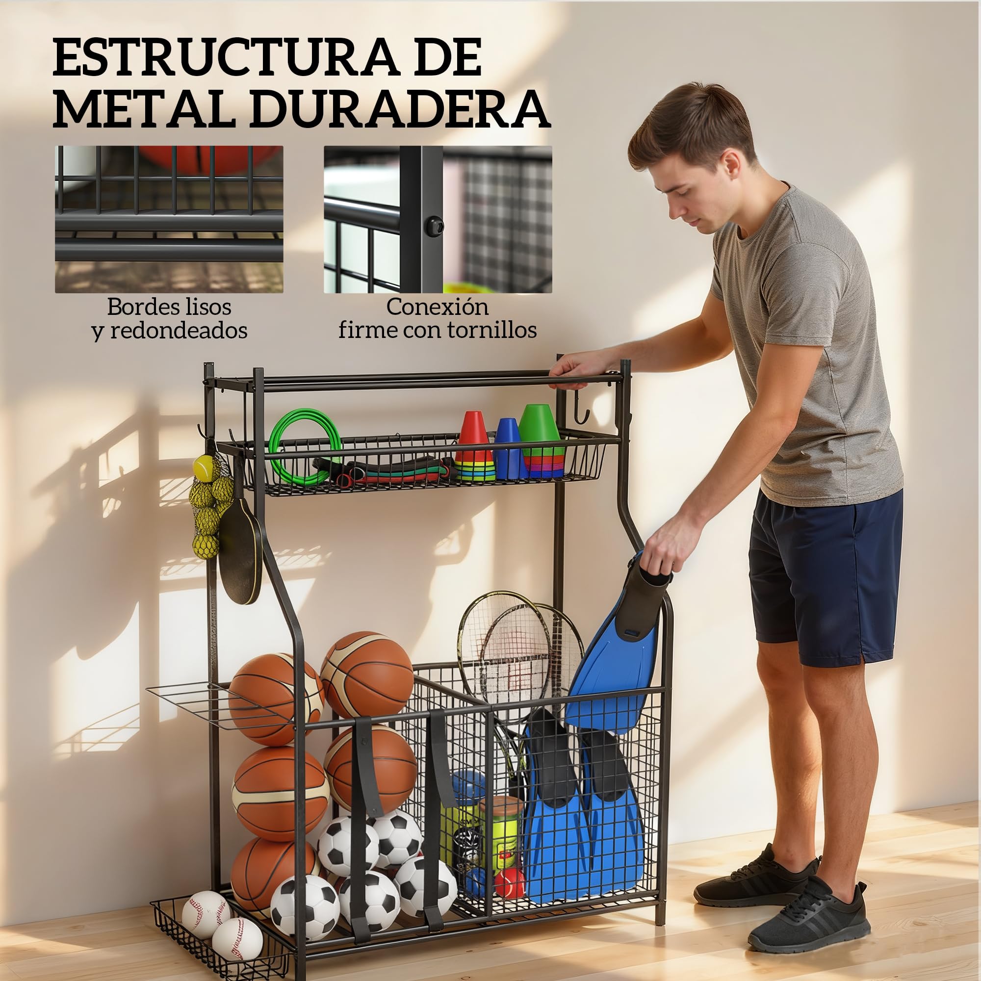 SPORTNOW Organizador de Equipos Deportivos, Almacenamiento de Bolas de Garaje con Cesta, Ganchos Extraibles y Bandas Elásticas, Soporte para Balones de Baloncesto, Fútbol, para Casa Gimnasio o Escuela