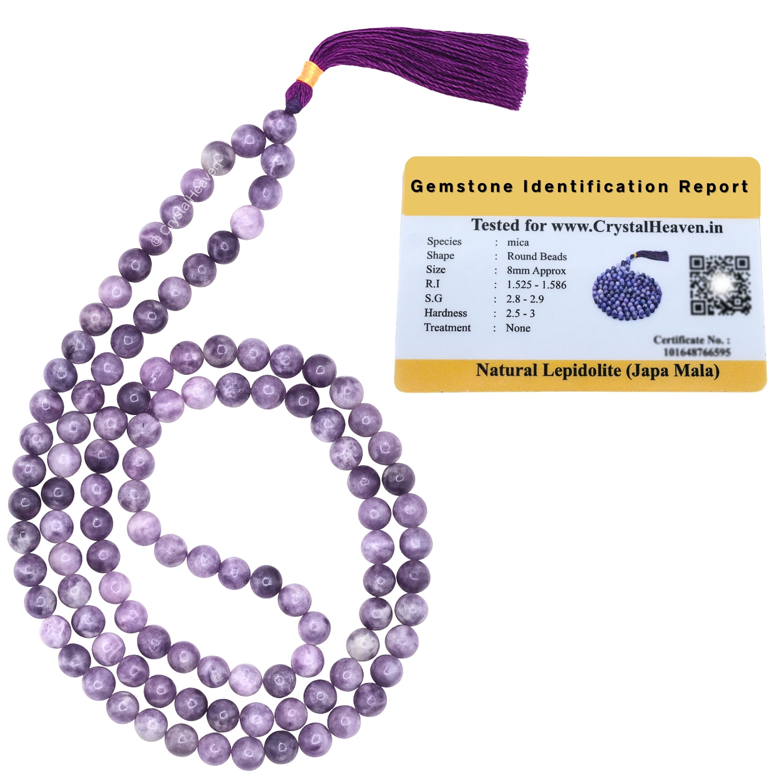 Certified Lepidolite Crystal Japa Mala Saadi - 108 Beads Buddhist Prayer Beads - AAA Grade Original Healing Gemstone Agate Mala for Yoga Meditation Spiritual Reiki Feng Shui