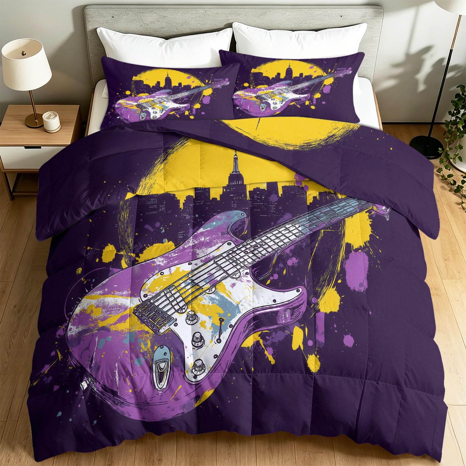 Weich Sommerdecke Edgy Rock Musik E-Gitarre Steppdecke, Dünne Leichte & Weiche Reisedecke, Waschbar Mikrofaser Atmungsaktive Lila Wendebettdecke mit 250GSM Füllung, 200 x 200 cm