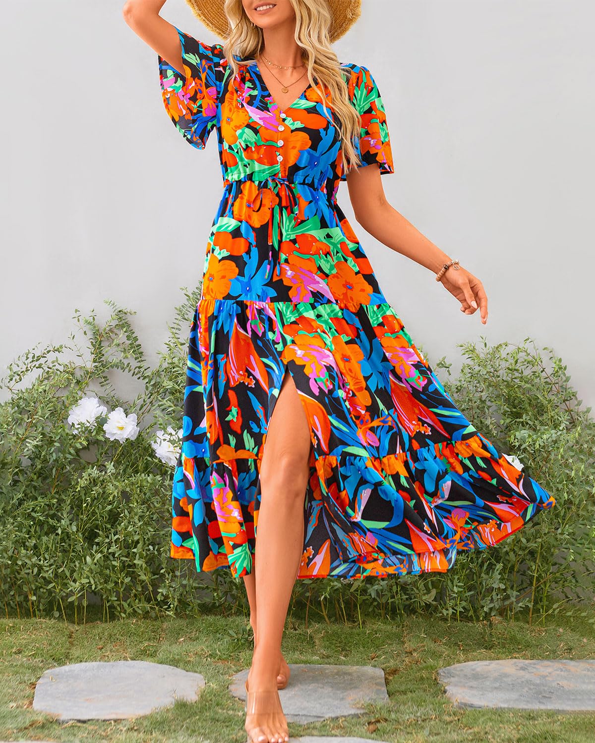 Zenlonr Vestidos de verano para mujer, estilo casual, de manga corta, cuello en V, con abertura, con botones, cordón, vestido largo para la playa