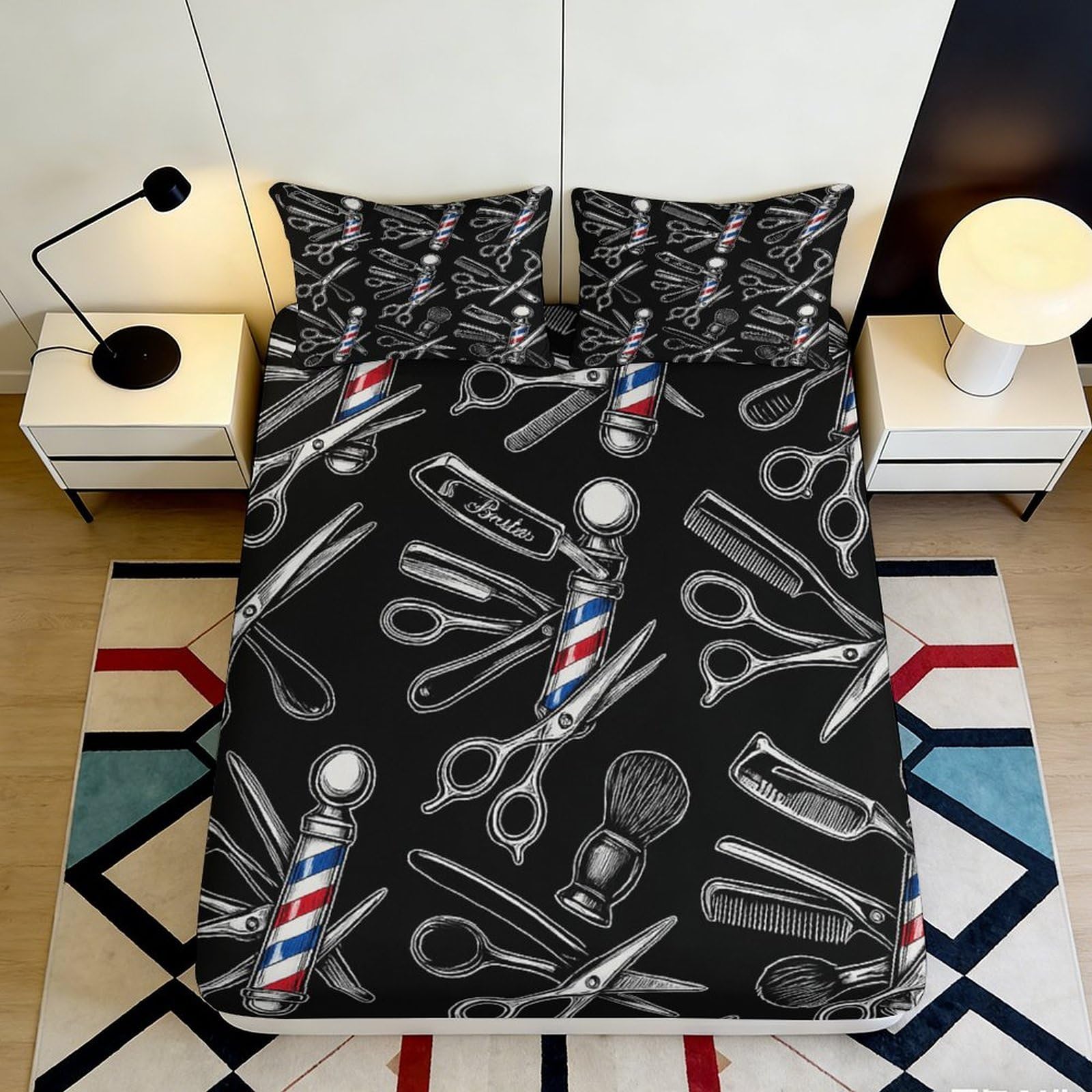 Tjiqhvmrn Style-1 3D Printed Barber Tools Fitted Sheet Microfiber Deep Pocket Non-Slip Barber Tools Mattress Fitted Cover Bedroom 90X200x25cm