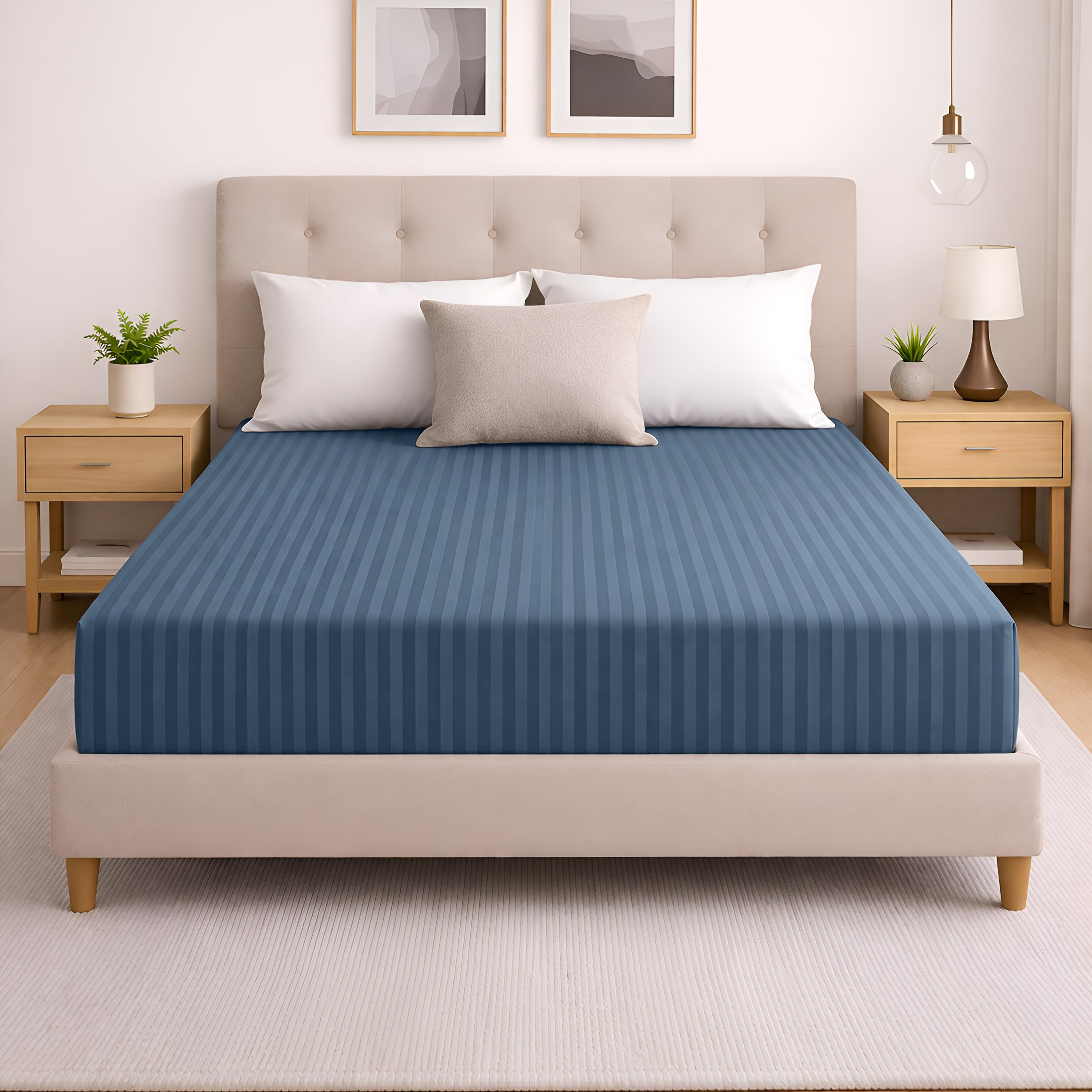 Moonlight20015 Washed Blue Double Bed Sheets 40Cm Extra Deep Pocket Bed Sheets With Satin Stripes Elastic Corners Soft Brushed Microfiber Breathable & Fade-Resistant & Shrinkage Bedsheets