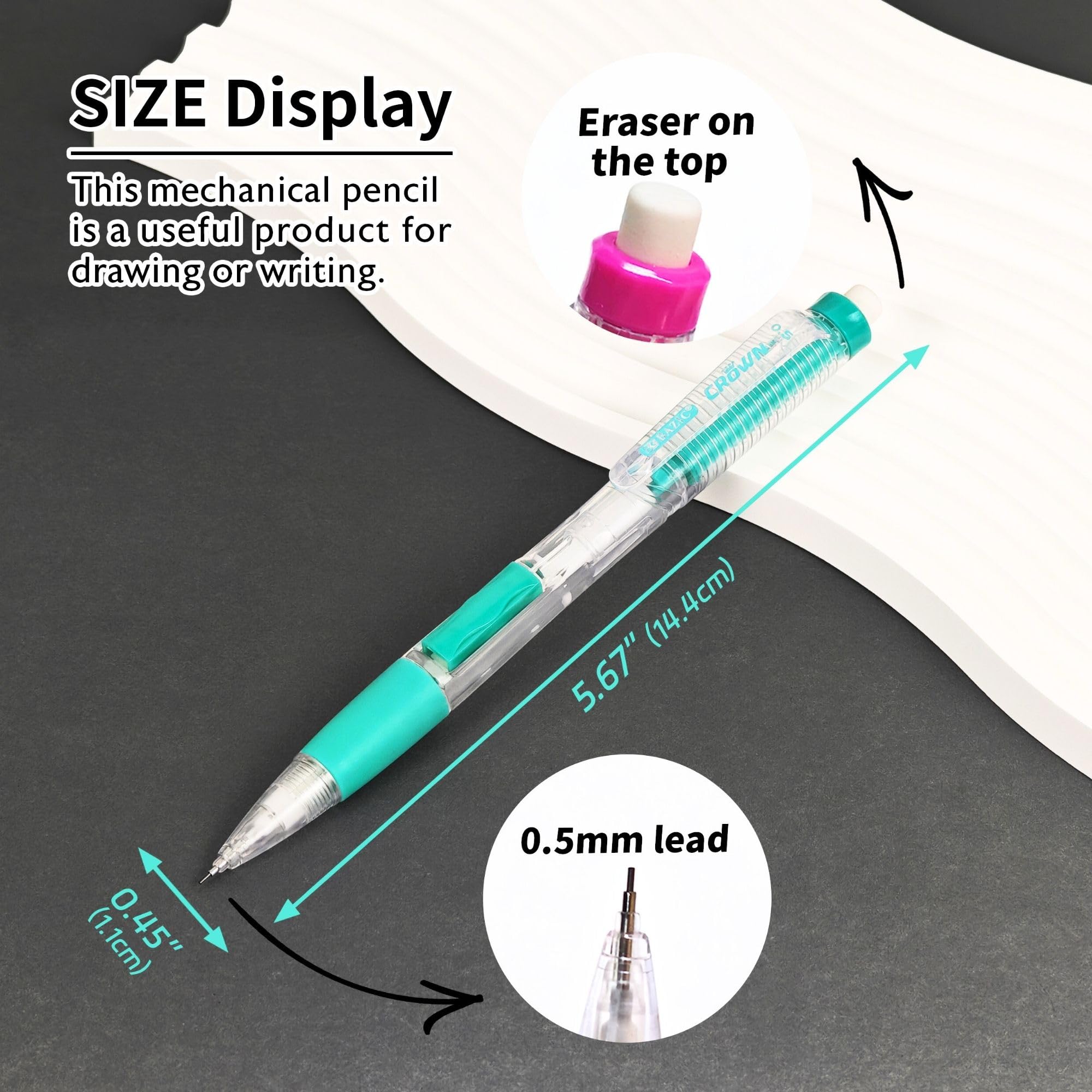 BAZIC - Matita meccanica da 0,5 mm, impugnatura morbida, gomma senza lattice, matite da scrittura lisce per disegno, disegno, schizzi, confezione da 24