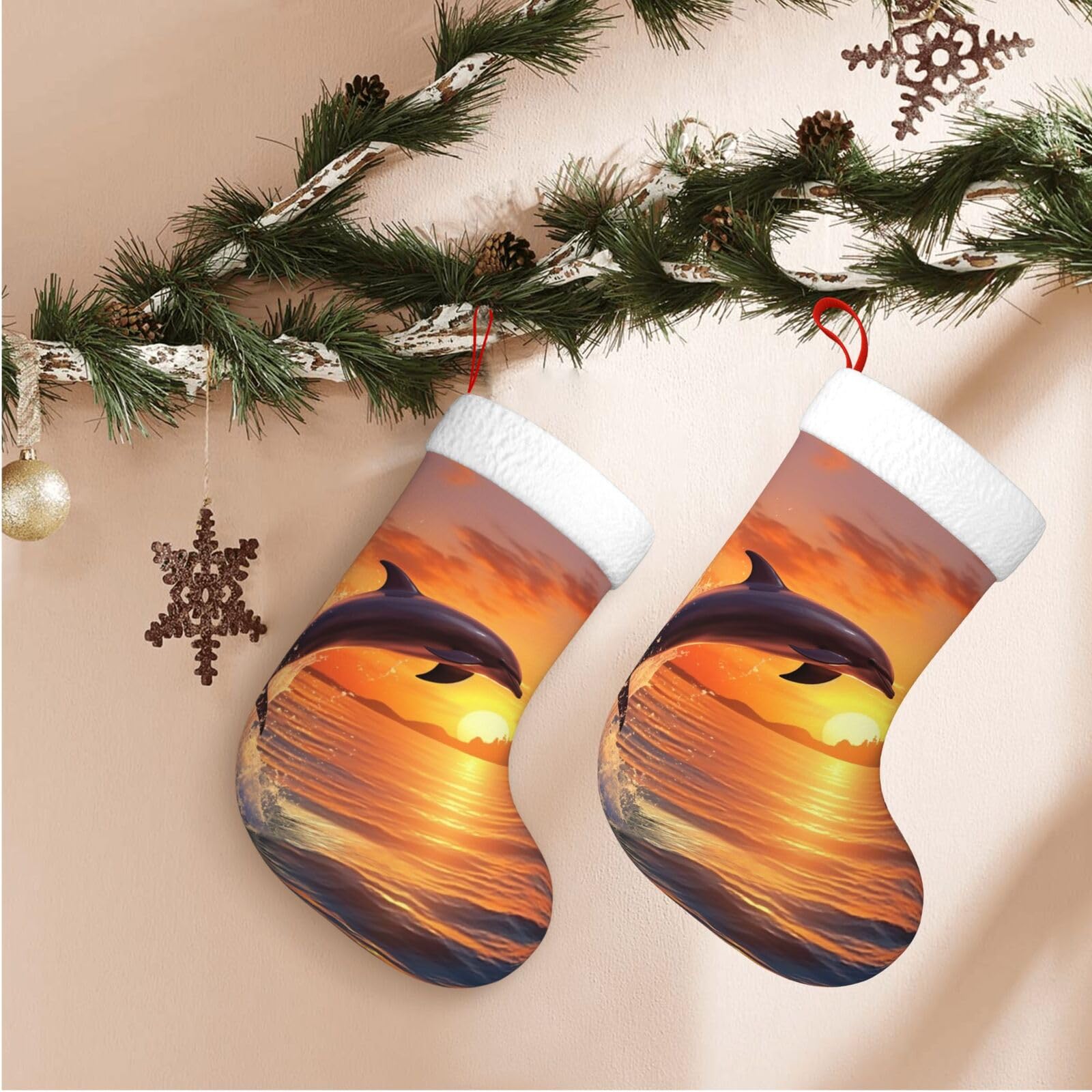 Sunset Dolphin Christmas Stockings Velvet Xmas Fireplace Hanging Stocking with Plush Cuff Rustic Christmas Santa Stockings for Home Christmas Decorations Party Favor Supplies