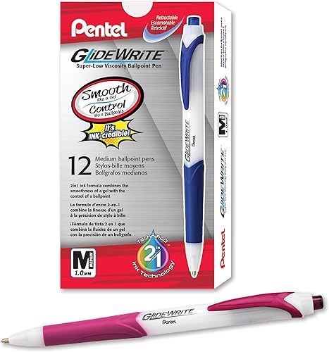 Bolígrafo Pentel GlideWrite con tinta TechniFlo, (1.0mm) línea media, tinta burdeos, caja de 12 (BX910-BG)