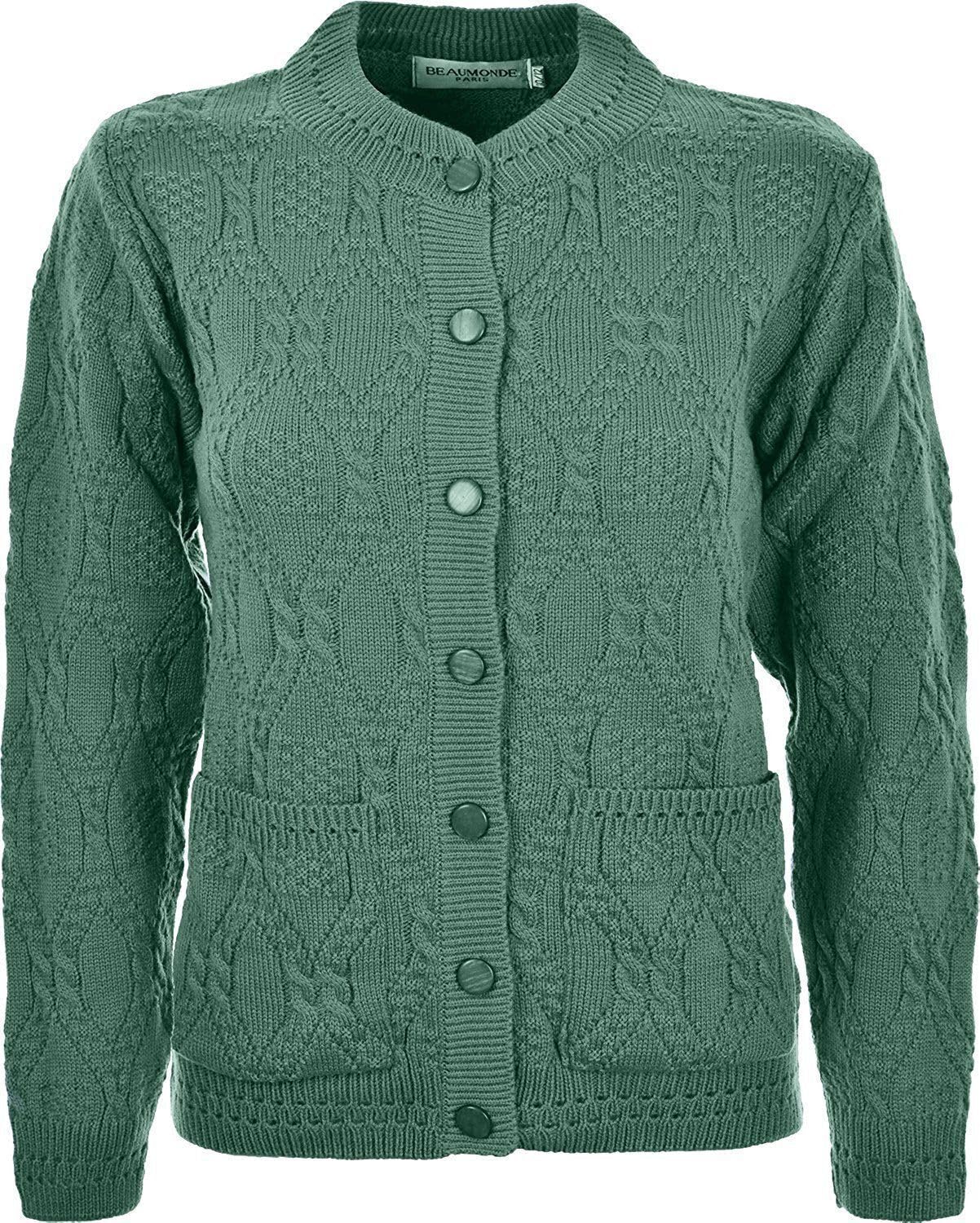 WearAll Women's Ladies Long Sleeve Button Top Aran Knitted Cardigan Button Clouse Crew Neck UK (22/24, Dusky Green)